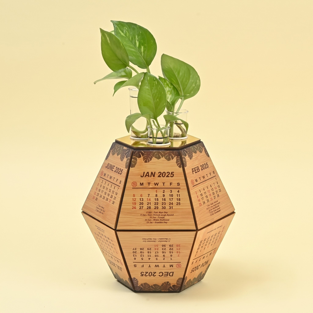 2026 Desk calendar and cute planter with test tube holder wooden 3D Premium Hexagon shape design unique corporate gift for office decor 8 inch (4pc combo eco-friendly)