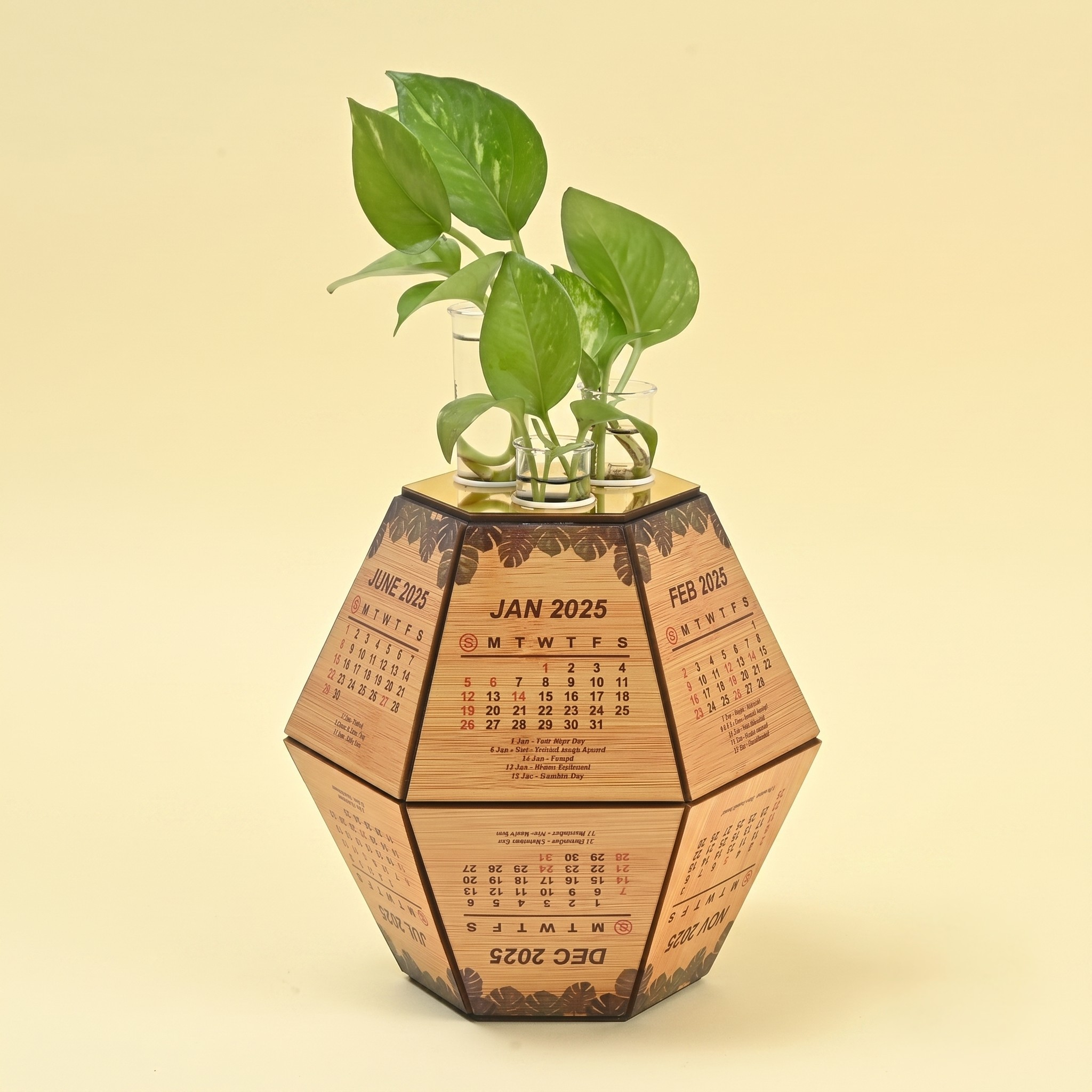2026 Desk calendar and cute planter with test tube holder wooden 3D Premium Hexagon shape design unique corporate gift for office decor 8 inch (4pc combo eco-friendly)