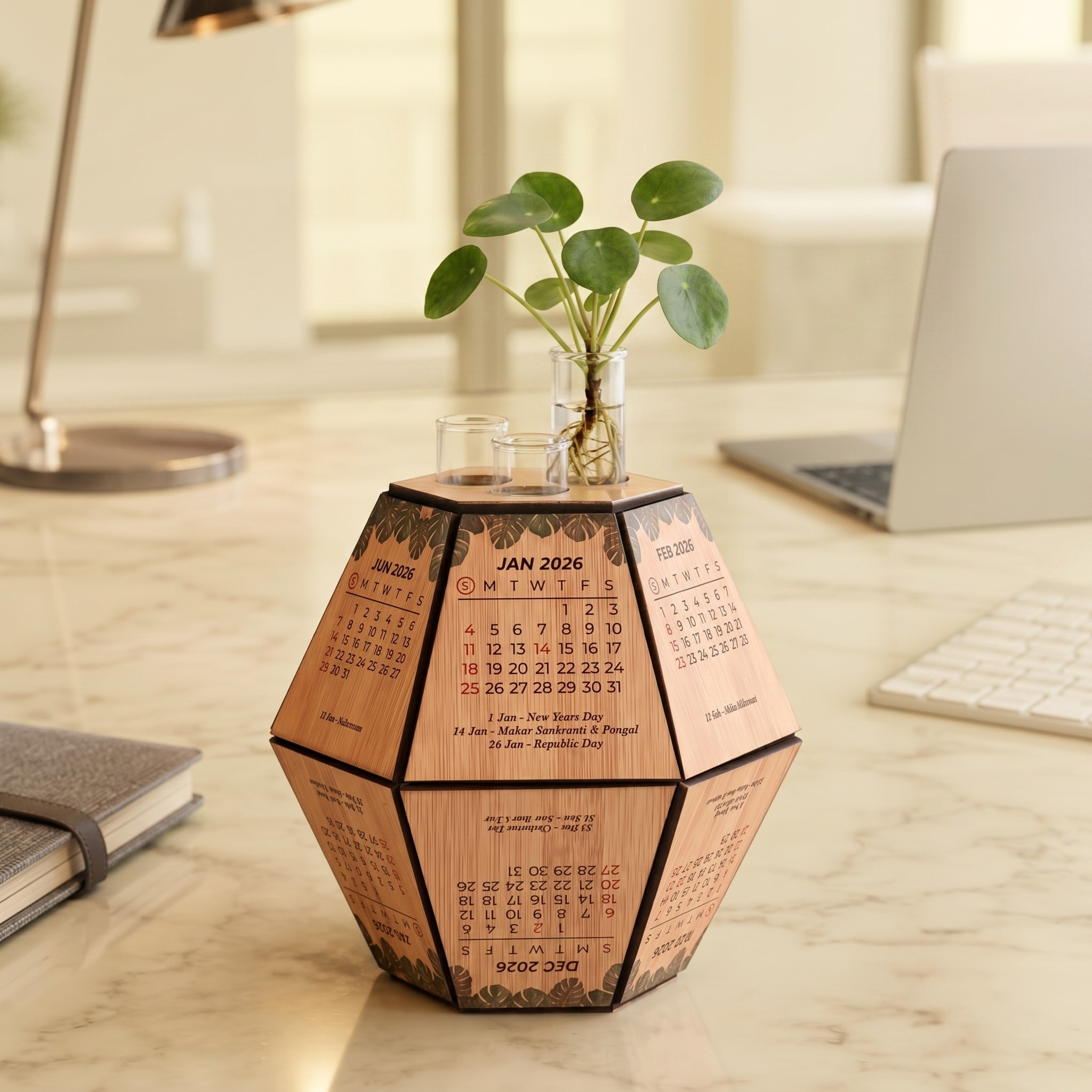 2026 Desk calendar and cute planter with test tube holder wooden 3D Premium Hexagon shape design unique corporate gift for office decor 8 inch (4pc combo eco-friendly)