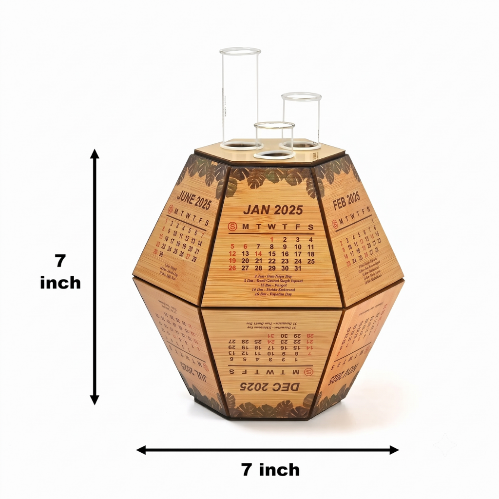 2026 Desk calendar and cute planter with test tube holder wooden 3D Premium Hexagon shape design unique corporate gift for office decor 8 inch (4pc combo eco-friendly)