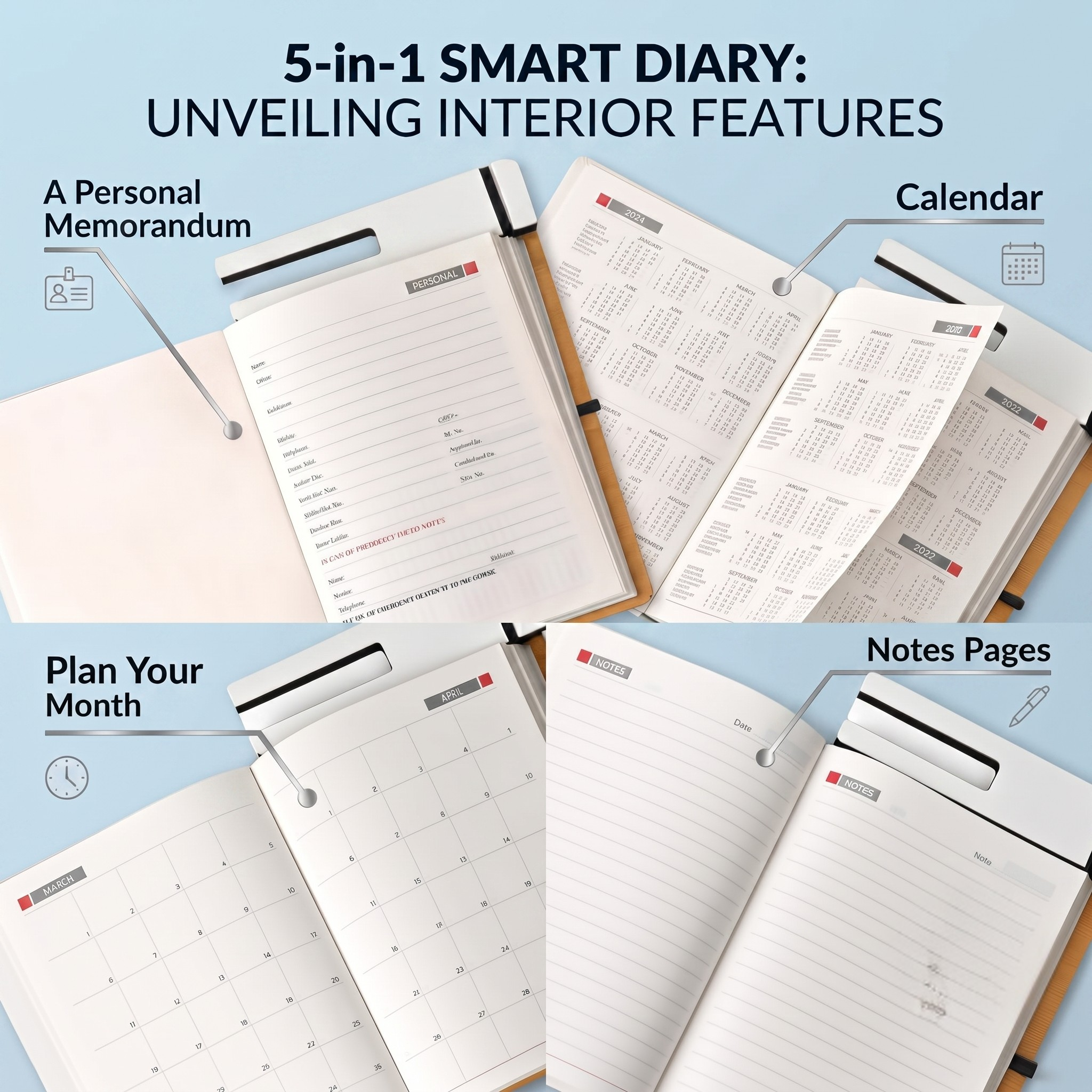 Wooden White Board Diary with Marker | 200 Pages Notebook with Wooden Base, Mobile Stand & Pen Holder | Desk Planner for Office, Study & Home Use