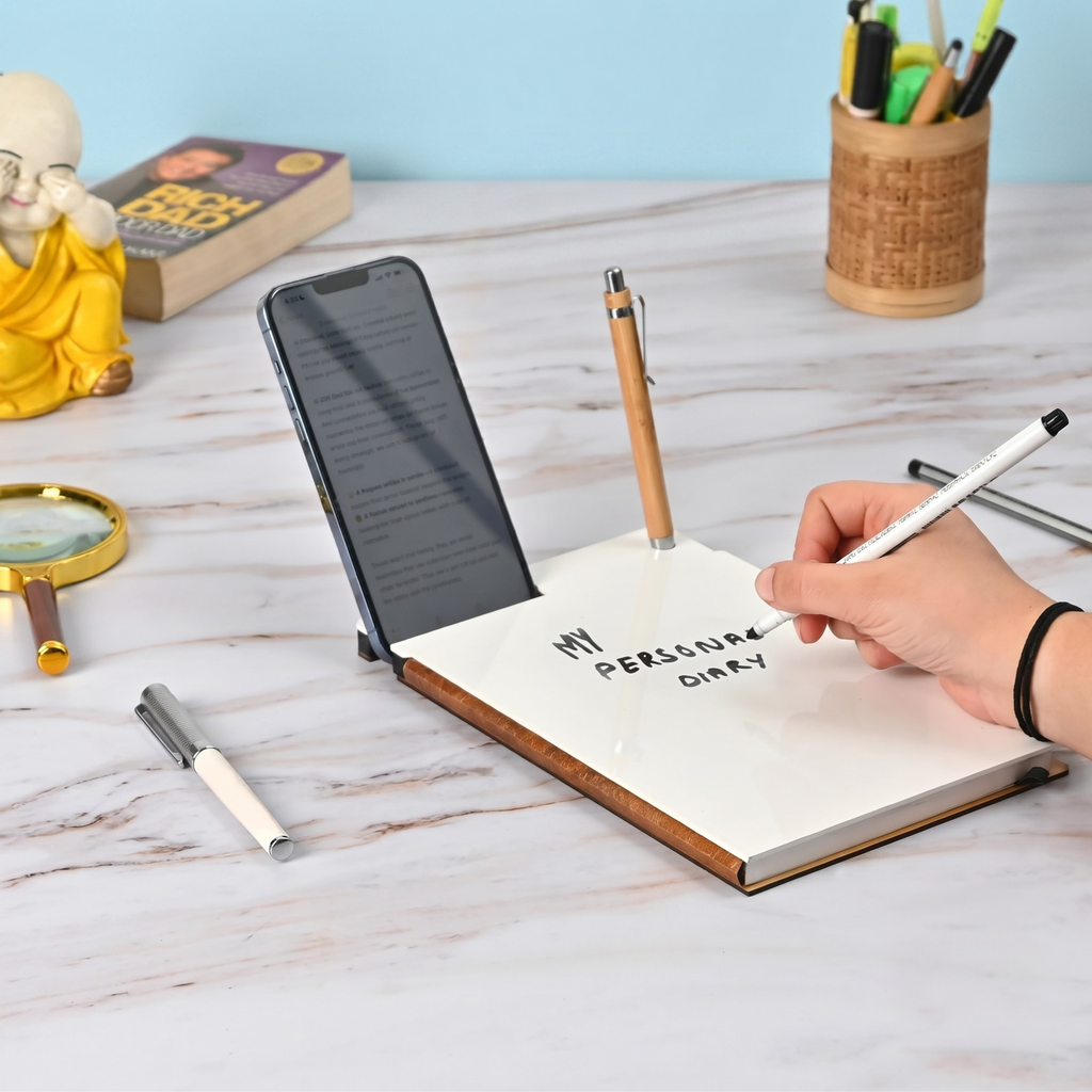 Wooden White Board Diary with Marker | 200 Pages Notebook with Wooden Base, Mobile Stand & Pen Holder | Desk Planner for Office, Study & Home Use
