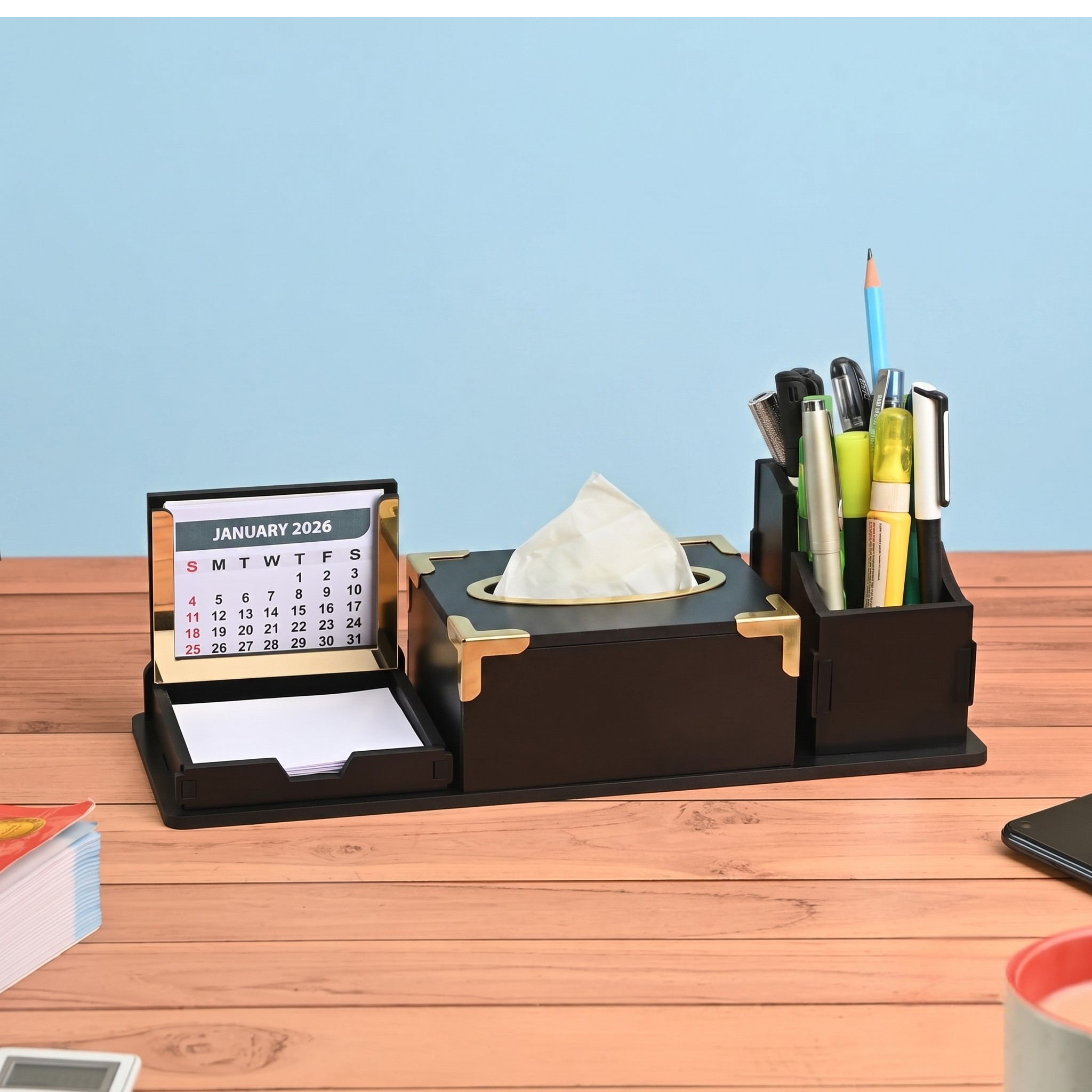 7 in 1 Desk Organizer with Table Calendar Office Table Accessories 2026 Calendar with tissue box holder & remote holder wooden pen stand (Premium finish & Free Tissue Paper)