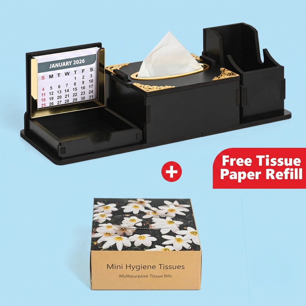 7 in 1 Desk Organizer with Table Calendar Office Table Accessories 2026 Calendar with tissue box holder & remote holder wooden pen stand (Premium finish & Free Tissue Paper)