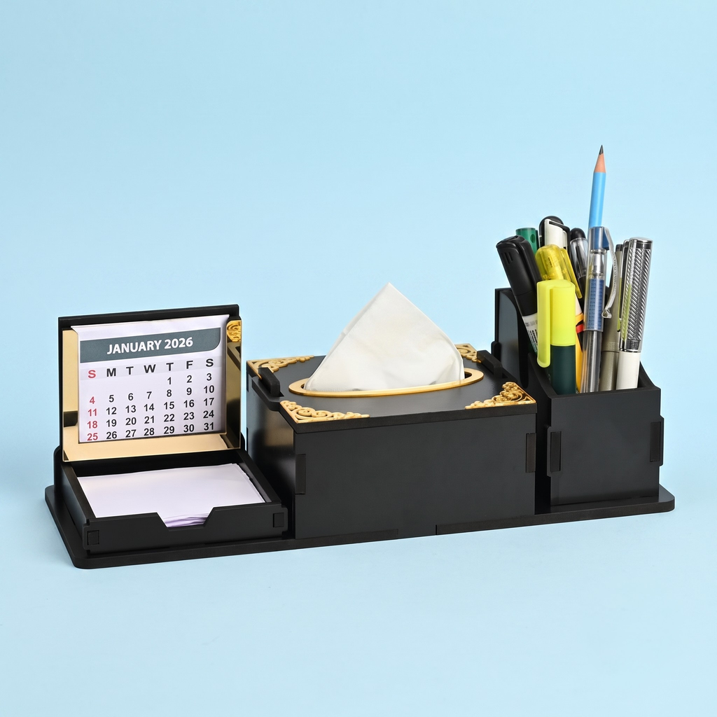 7 in 1 Desk Organizer with Table Calendar Office Table Accessories 2026 Calendar with tissue box holder & remote holder wooden pen stand (Premium finish & Free Tissue Paper)