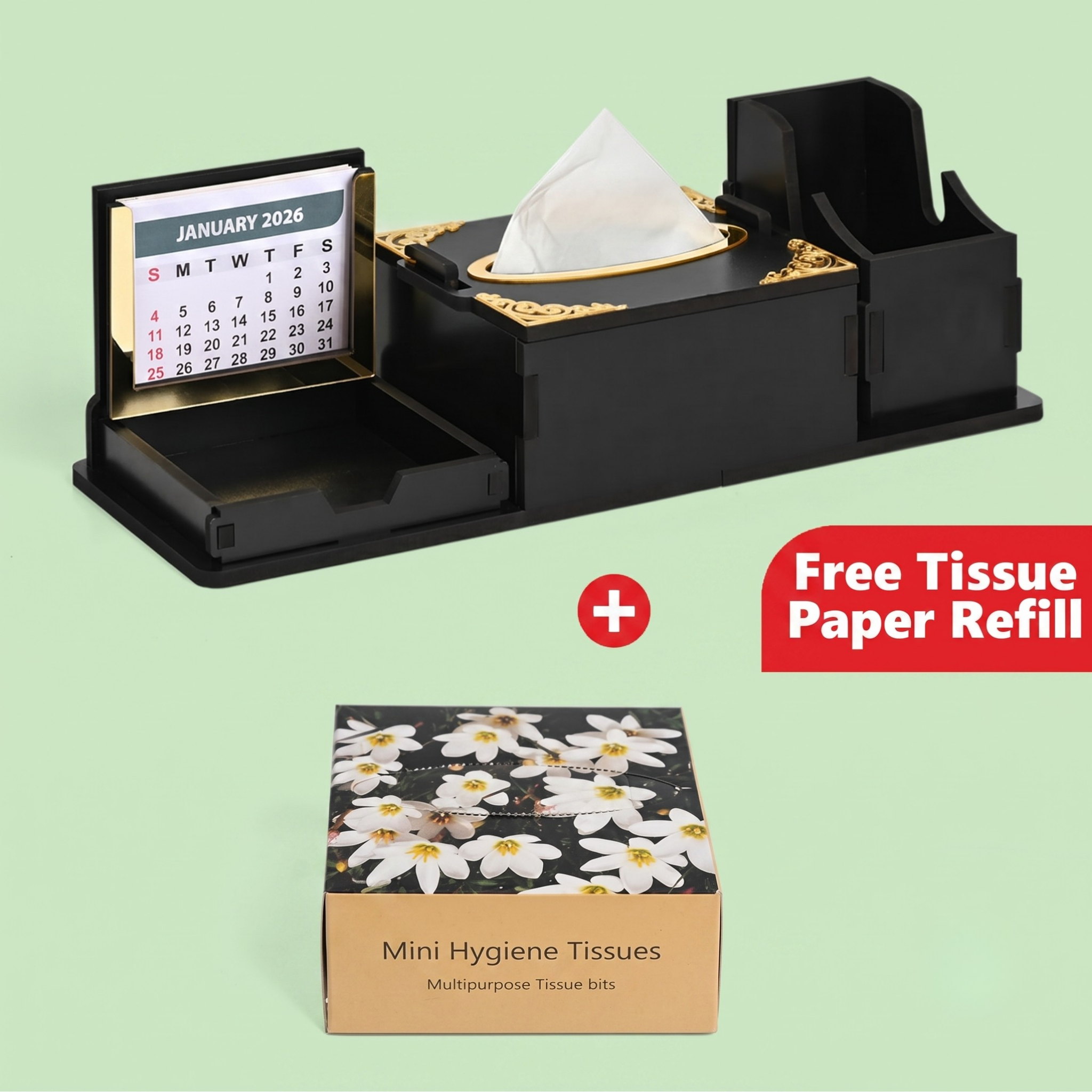 7 in 1 Desk Organizer with Table Calendar Office Table Accessories 2026 Calendar with tissue box holder & remote holder wooden pen stand (Premium finish & Free Tissue Paper)