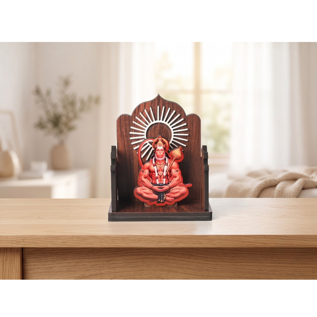 Wooden Car Dashboard Hanuman Ji Mandir | GKD Eco-Friendly MDF Wood Mini Temple Showpiece for Car, Office Desk & Home Décor | Open Style Mandir | Made in India (Dark Wood)