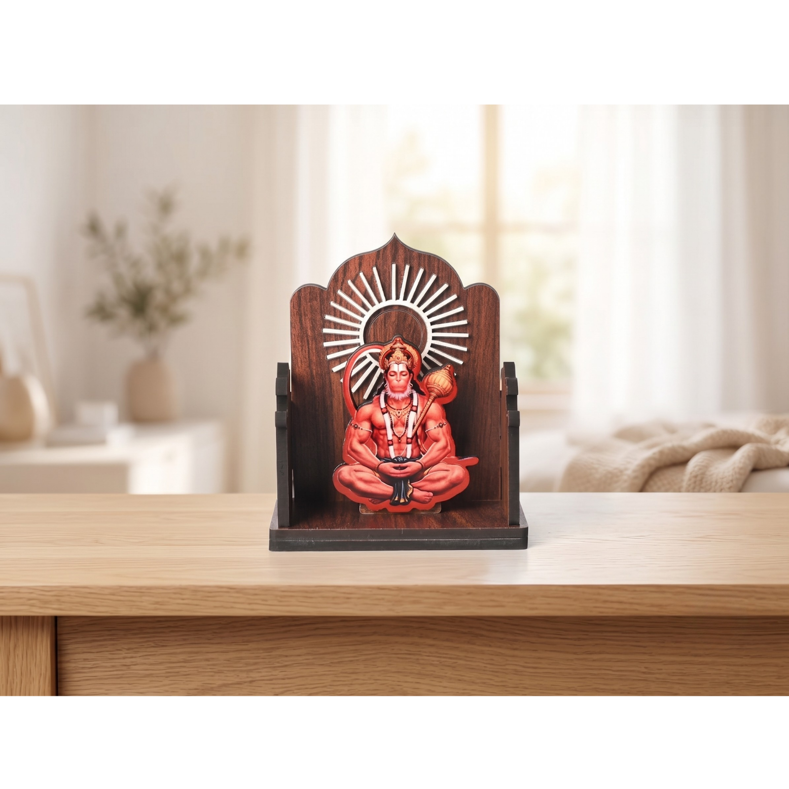Wooden Car Dashboard Hanuman Ji Mandir | GKD Eco-Friendly MDF Wood Mini Temple Showpiece for Car, Office Desk & Home Décor | Open Style Mandir | Made in India (Dark Wood)