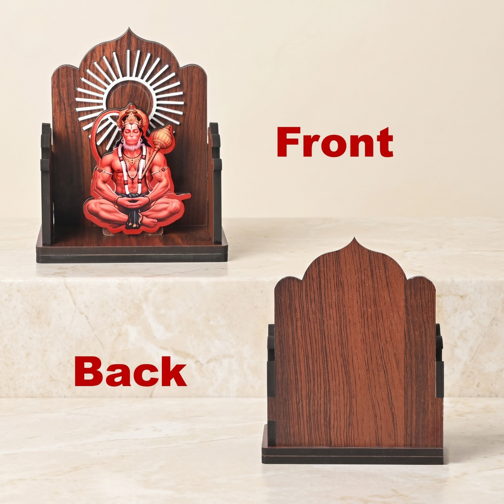 Wooden Car Dashboard Hanuman Ji Mandir | GKD Eco-Friendly MDF Wood Mini Temple Showpiece for Car, Office Desk & Home Décor | Open Style Mandir | Made in India (Dark Wood)