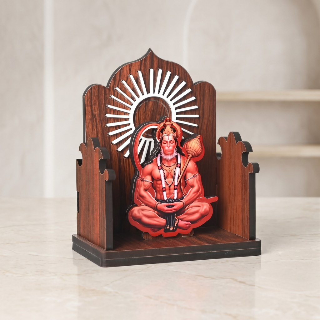 Wooden Car Dashboard Hanuman Ji Mandir | GKD Eco-Friendly MDF Wood Mini Temple Showpiece for Car, Office Desk & Home Décor | Open Style Mandir | Made in India (Dark Wood)