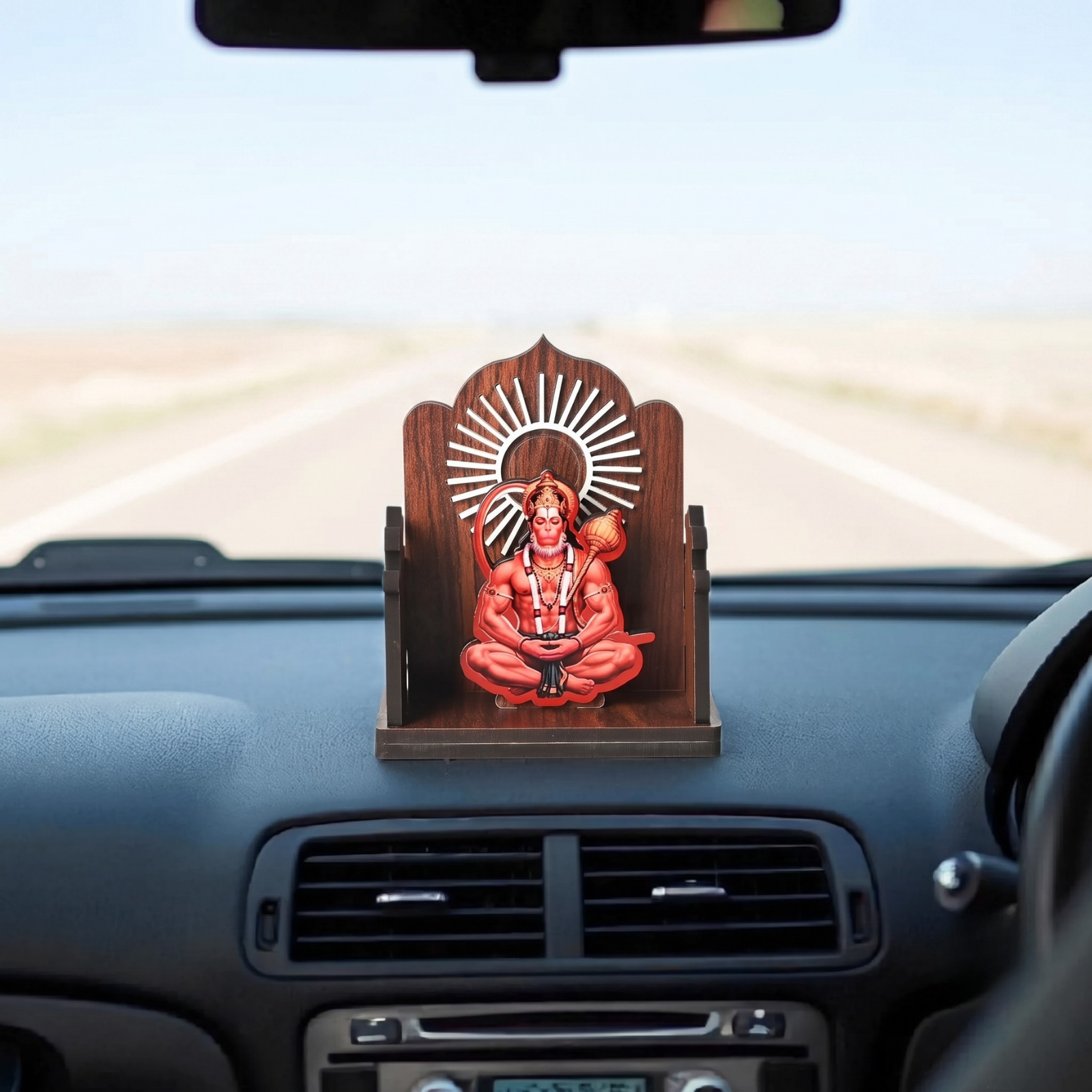 Wooden Car Dashboard Hanuman Ji Mandir | GKD Eco-Friendly MDF Wood Mini Temple Showpiece for Car, Office Desk & Home Décor | Open Style Mandir | Made in India (Dark Wood)