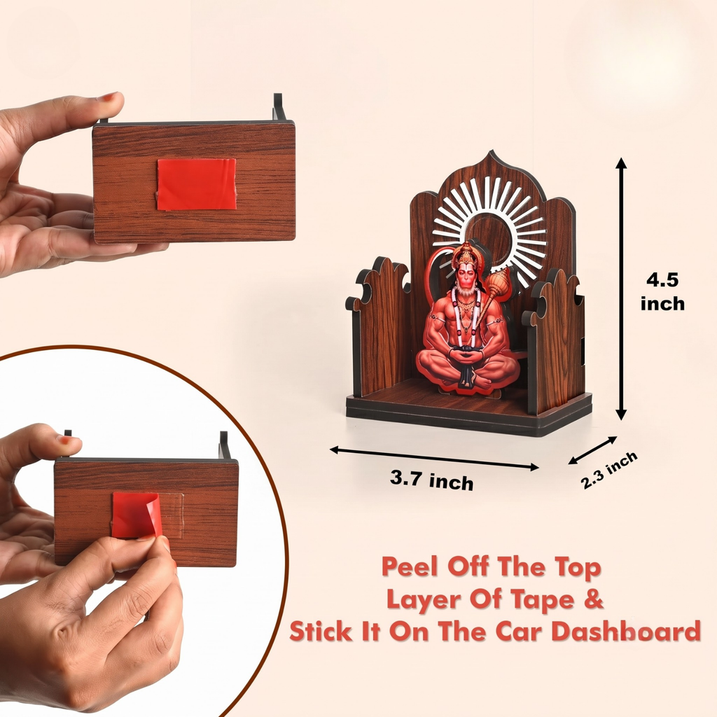 Wooden Car Dashboard Hanuman Ji Mandir | GKD Eco-Friendly MDF Wood Mini Temple Showpiece for Car, Office Desk & Home Décor | Open Style Mandir | Made in India (Dark Wood)