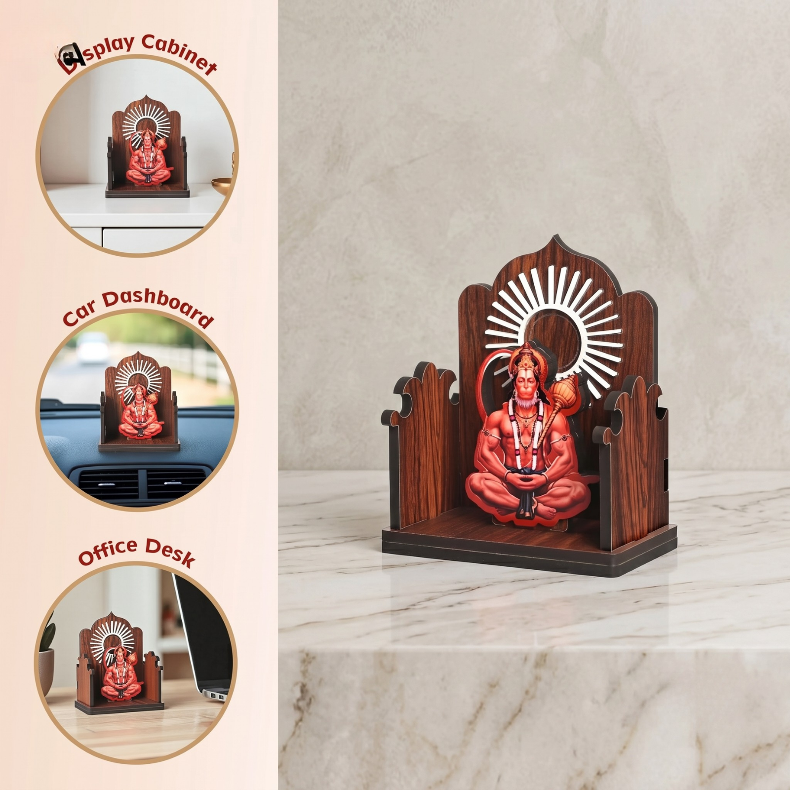 Wooden Car Dashboard Hanuman Ji Mandir | GKD Eco-Friendly MDF Wood Mini Temple Showpiece for Car, Office Desk & Home Décor | Open Style Mandir | Made in India (Dark Wood)