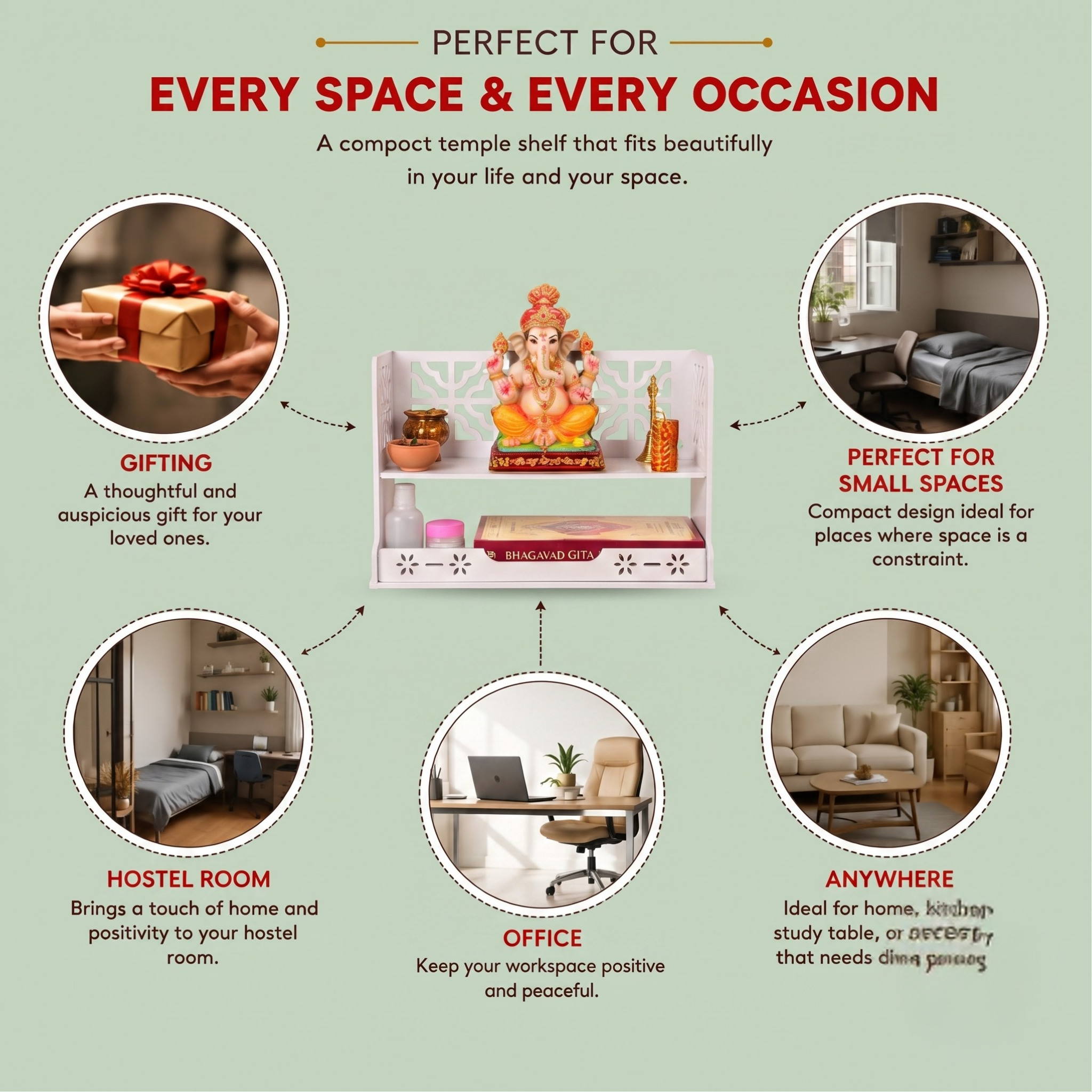 Aastha Compact Wooden Pooja Mandir for Home & Office | Small Table Top & Wall Mounted Wooden Temple Stand with Golden Acrylic Elegance | Devghar (H-8 x L-12 x W-5.5 Inch)