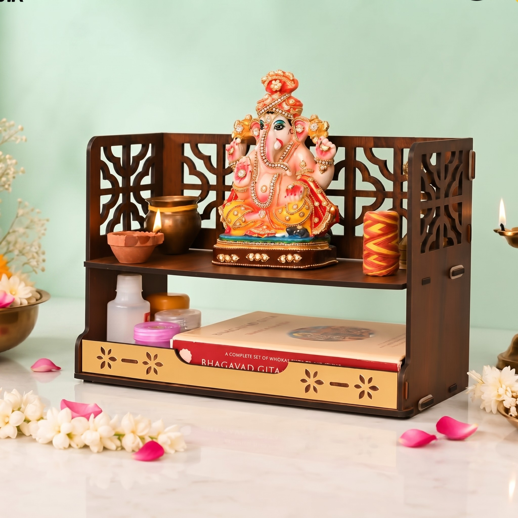 Aastha Compact Wooden Pooja Mandir for Home & Office | Small Table Top & Wall Mounted Wooden Temple Stand with Golden Acrylic Elegance | Devghar (H-8 x L-12 x W-5.5 Inch)
