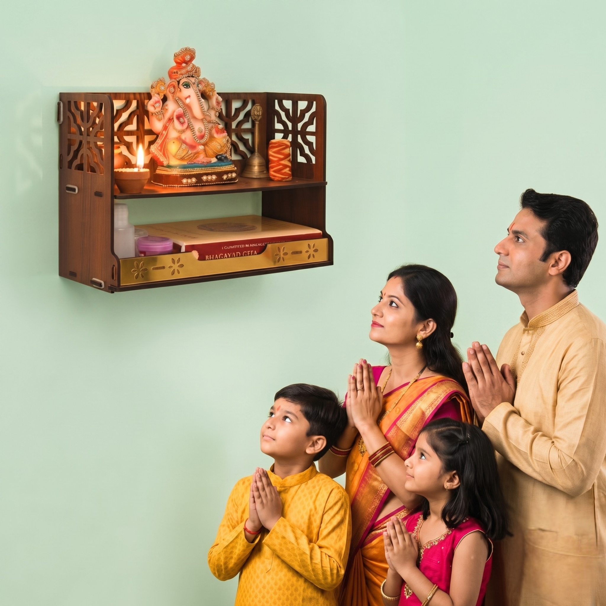 Aastha Compact Wooden Pooja Mandir for Home & Office | Small Table Top & Wall Mounted Wooden Temple Stand with Golden Acrylic Elegance | Devghar (H-8 x L-12 x W-5.5 Inch)