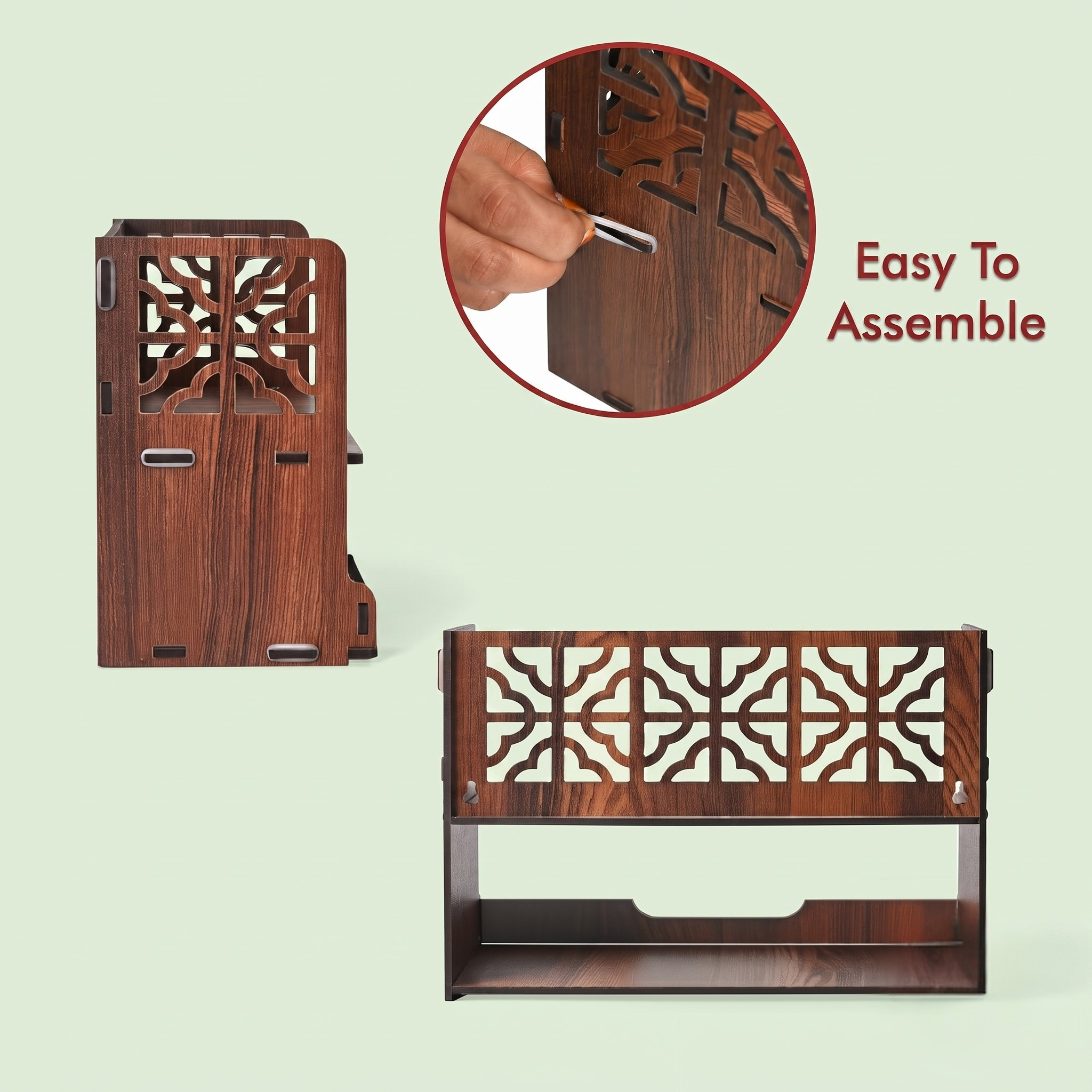 Aastha Compact Wooden Pooja Mandir for Home & Office | Small Table Top & Wall Mounted Wooden Temple Stand with Golden Acrylic Elegance | Devghar (H-8 x L-12 x W-5.5 Inch)
