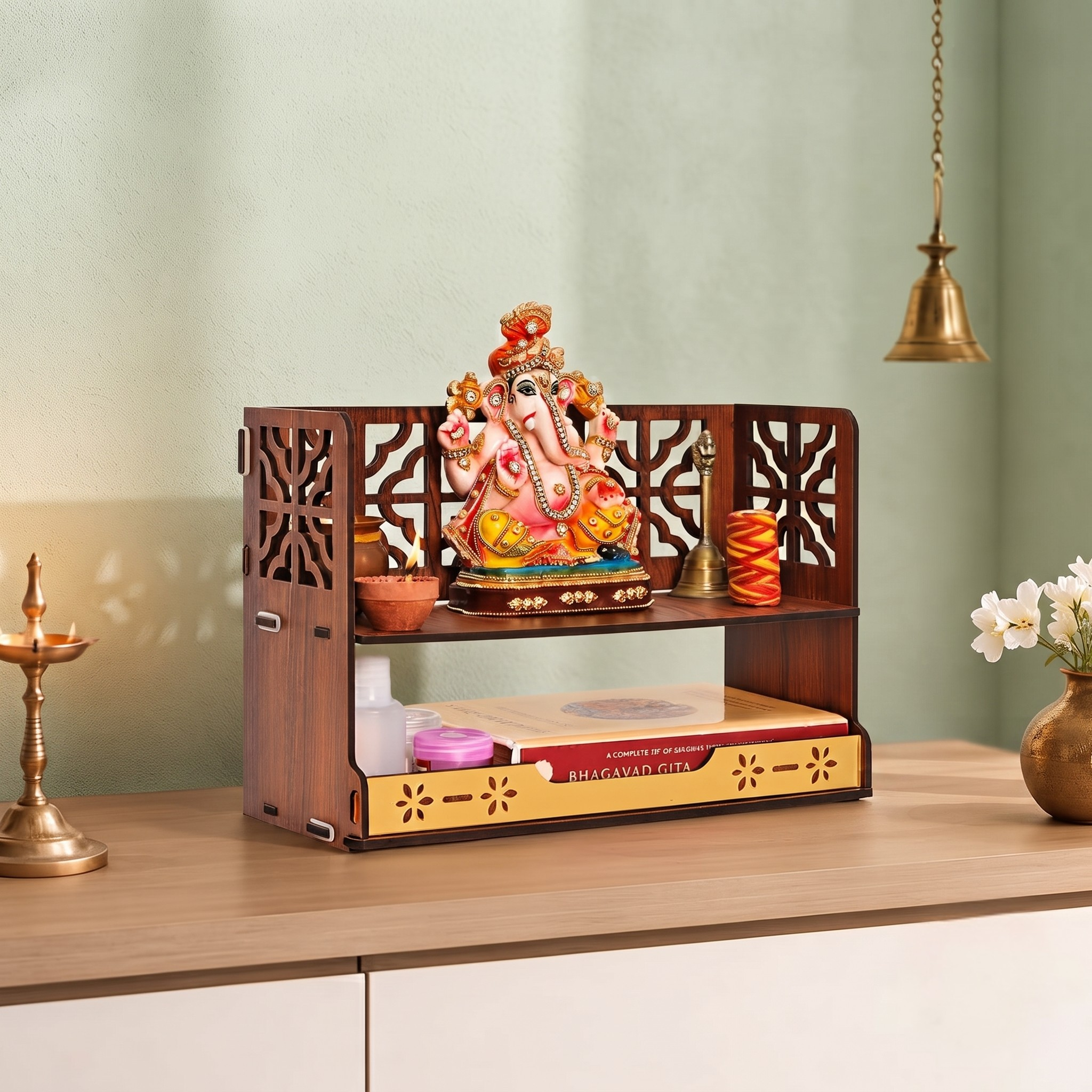 Aastha Compact Wooden Pooja Mandir for Home & Office | Small Table Top & Wall Mounted Wooden Temple Stand with Golden Acrylic Elegance | Devghar (H-8 x L-12 x W-5.5 Inch)