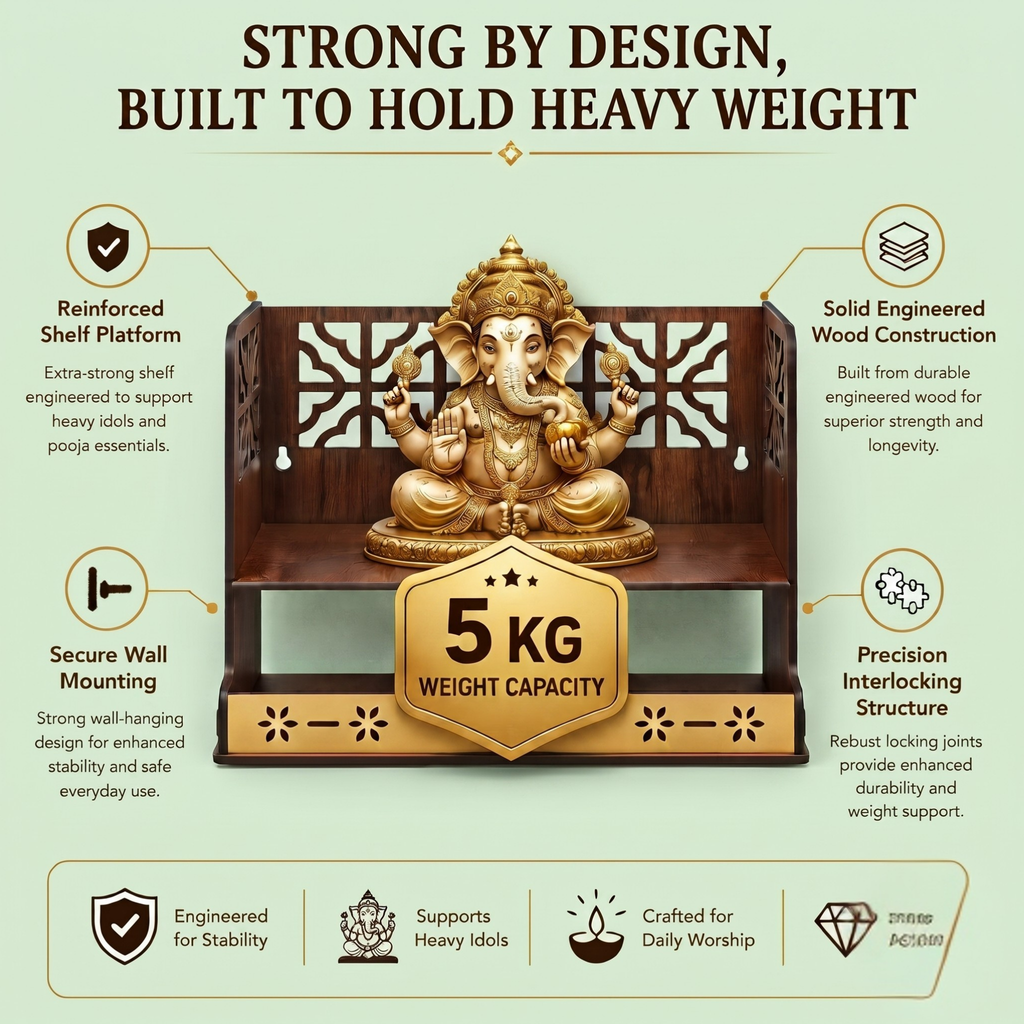 Aastha Compact Wooden Pooja Mandir for Home & Office | Small Table Top & Wall Mounted Wooden Temple Stand with Golden Acrylic Elegance | Devghar (H-8 x L-12 x W-5.5 Inch)