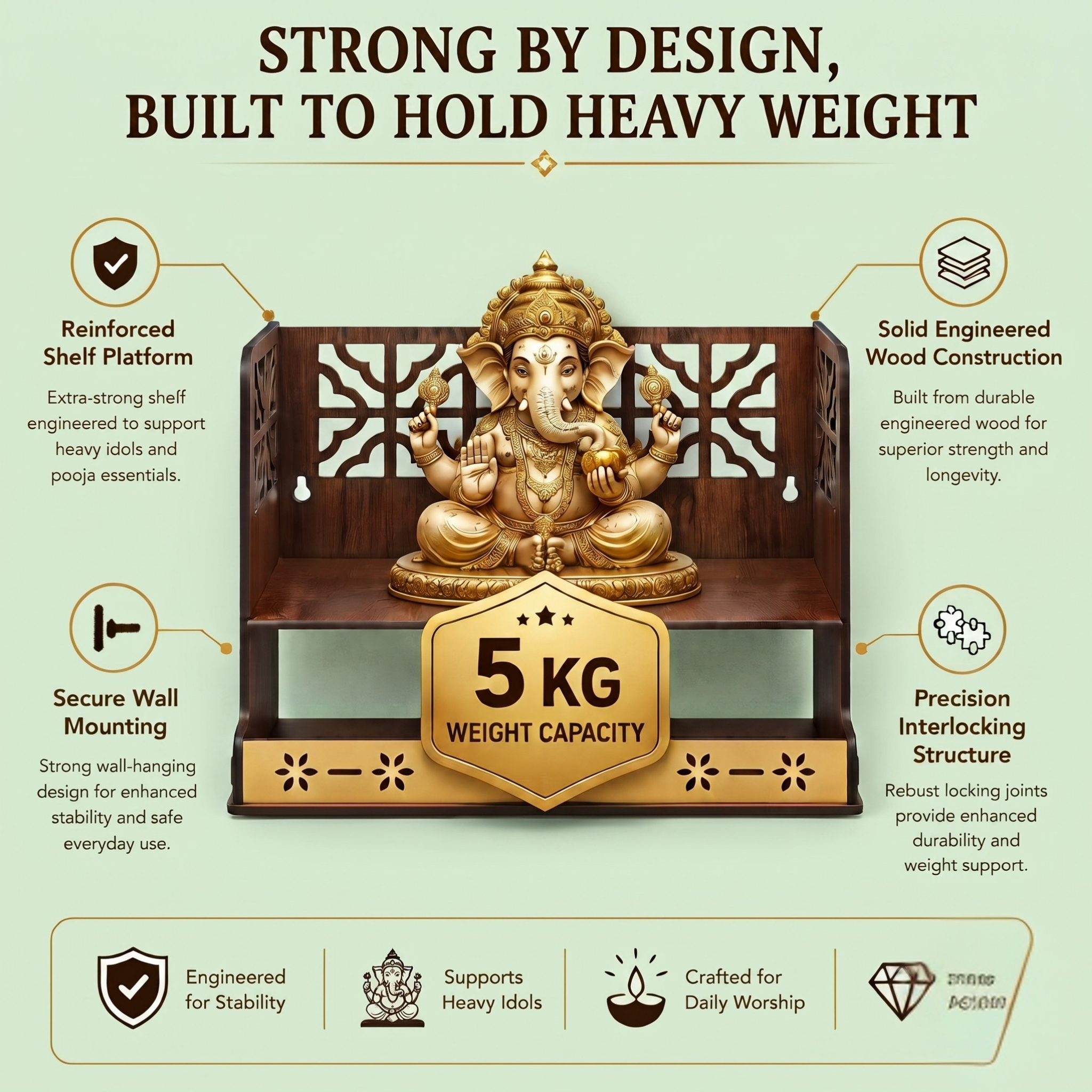 Aastha Compact Wooden Pooja Mandir for Home & Office | Small Table Top & Wall Mounted Wooden Temple Stand with Golden Acrylic Elegance | Devghar (H-8 x L-12 x W-5.5 Inch)