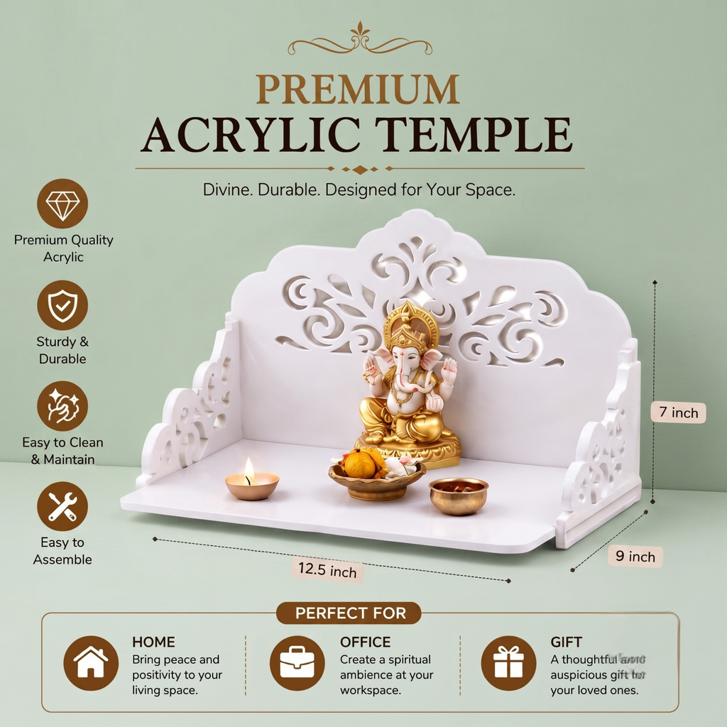 Acrylic Pooja Mandir for Home Wall | Small Temple for Office & Room | Indian Acrylic Temple for Table or Shelf | Compact DIY Mandir | 12x9x6 Inch | Classic Design
