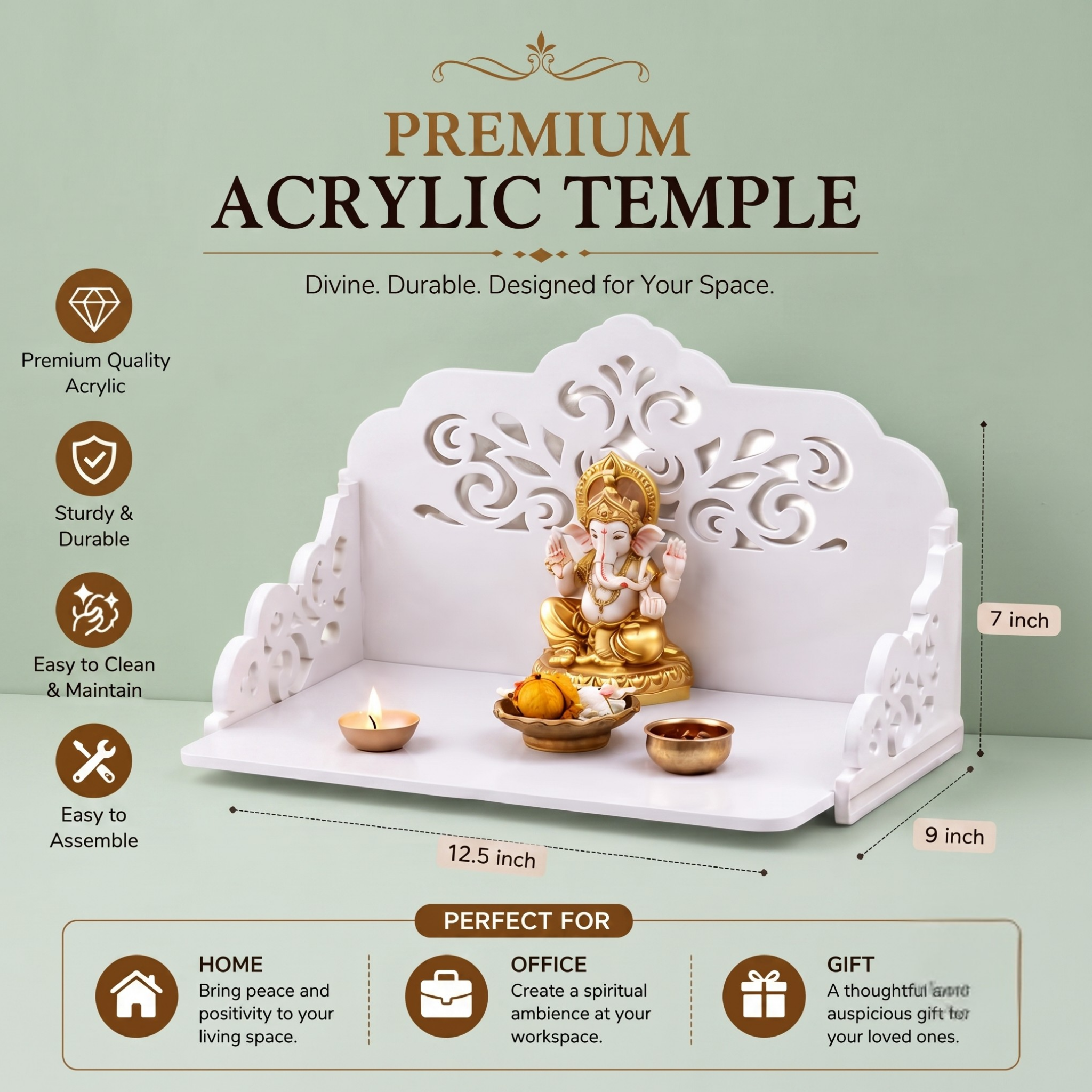 Acrylic Pooja Mandir for Home Wall | Small Temple for Office & Room | Indian Acrylic Temple for Table or Shelf | Compact DIY Mandir | 12x9x6 Inch | Classic Design