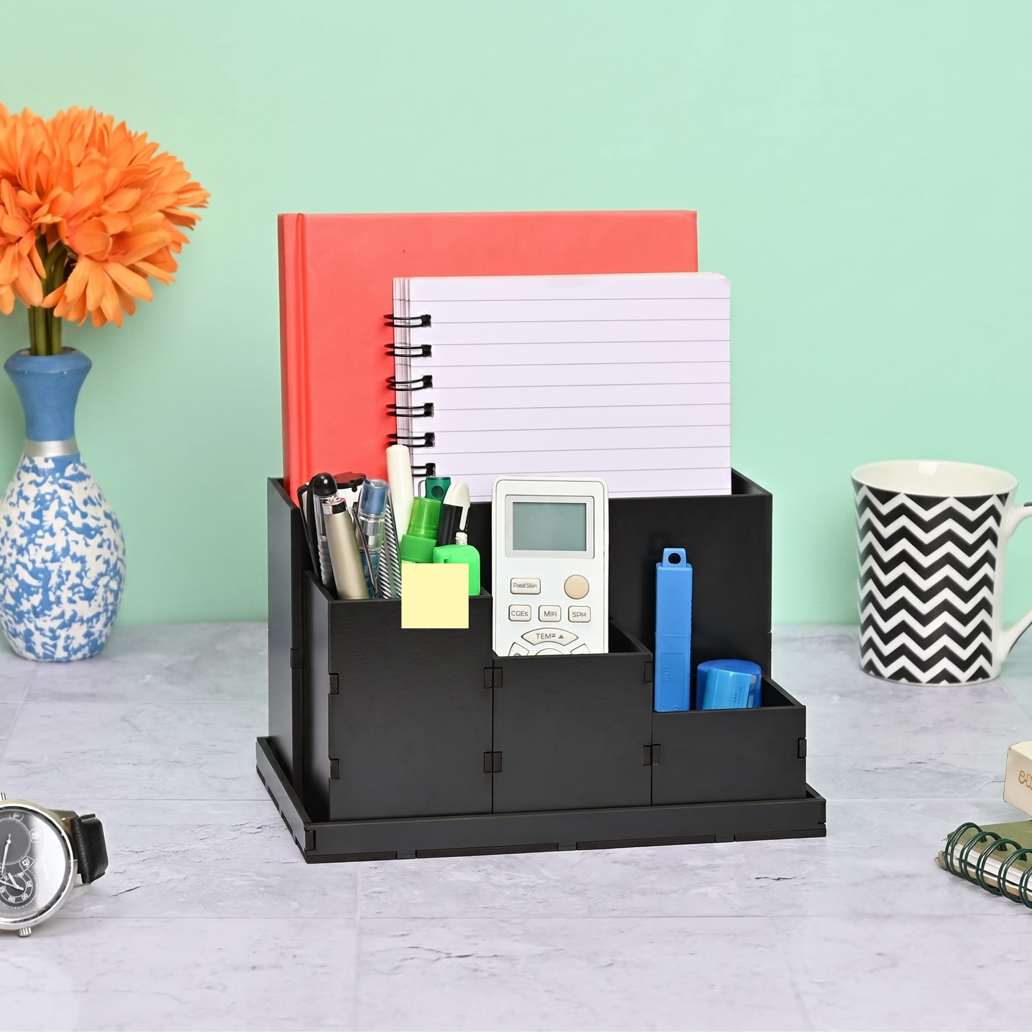 Desk Organizer with Clock stylish table organizer for office desk 4 compartments with proper storage box for all stationary items, unique corporate gifts (Wood)