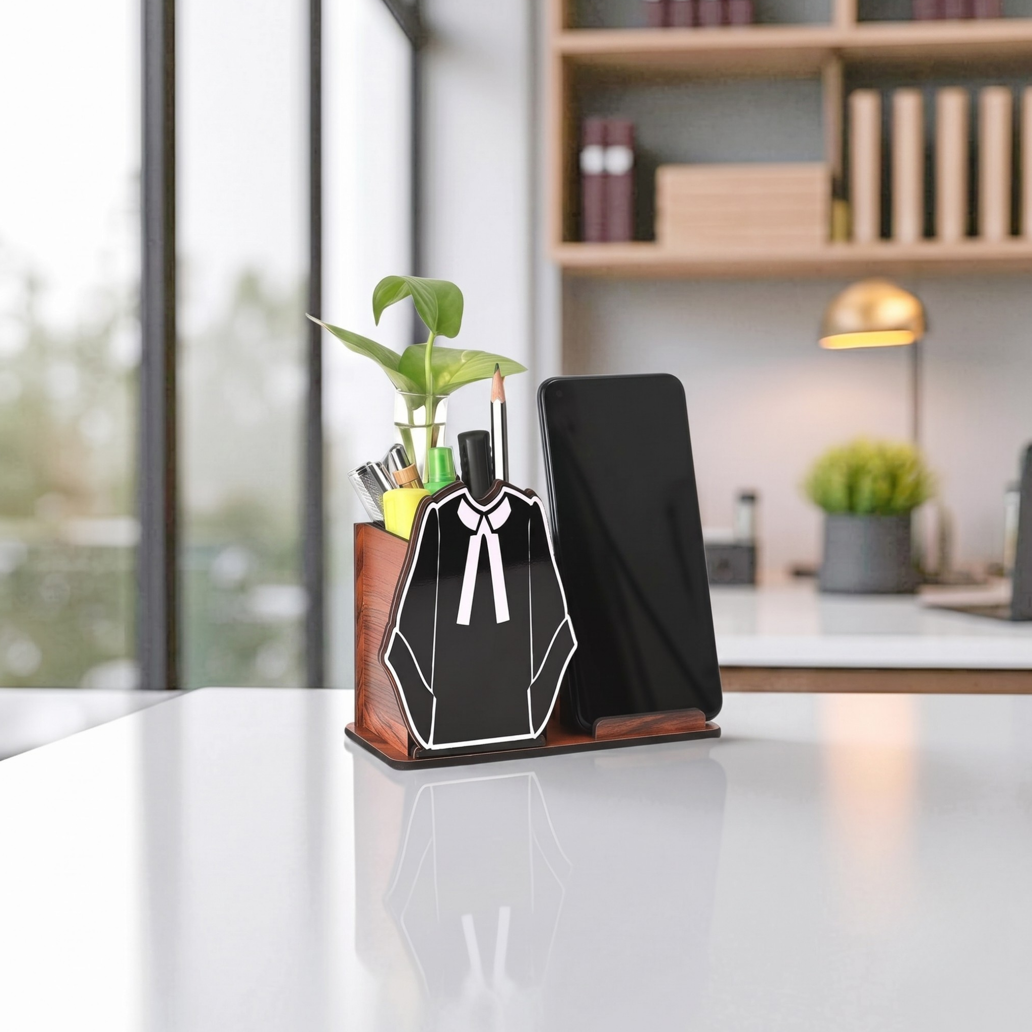 Advocate-Themed Wooden Desk Organizer | Mobile Stand, Pen Holder, Visiting Card Slot & Test Tube Planter | Gift for Lawyers