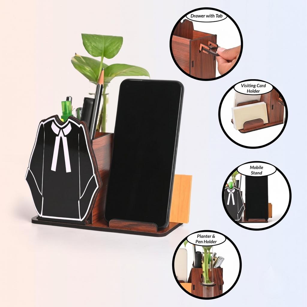 Advocate-Themed Wooden Desk Organizer | Mobile Stand, Pen Holder, Visiting Card Slot & Test Tube Planter | Gift for Lawyers