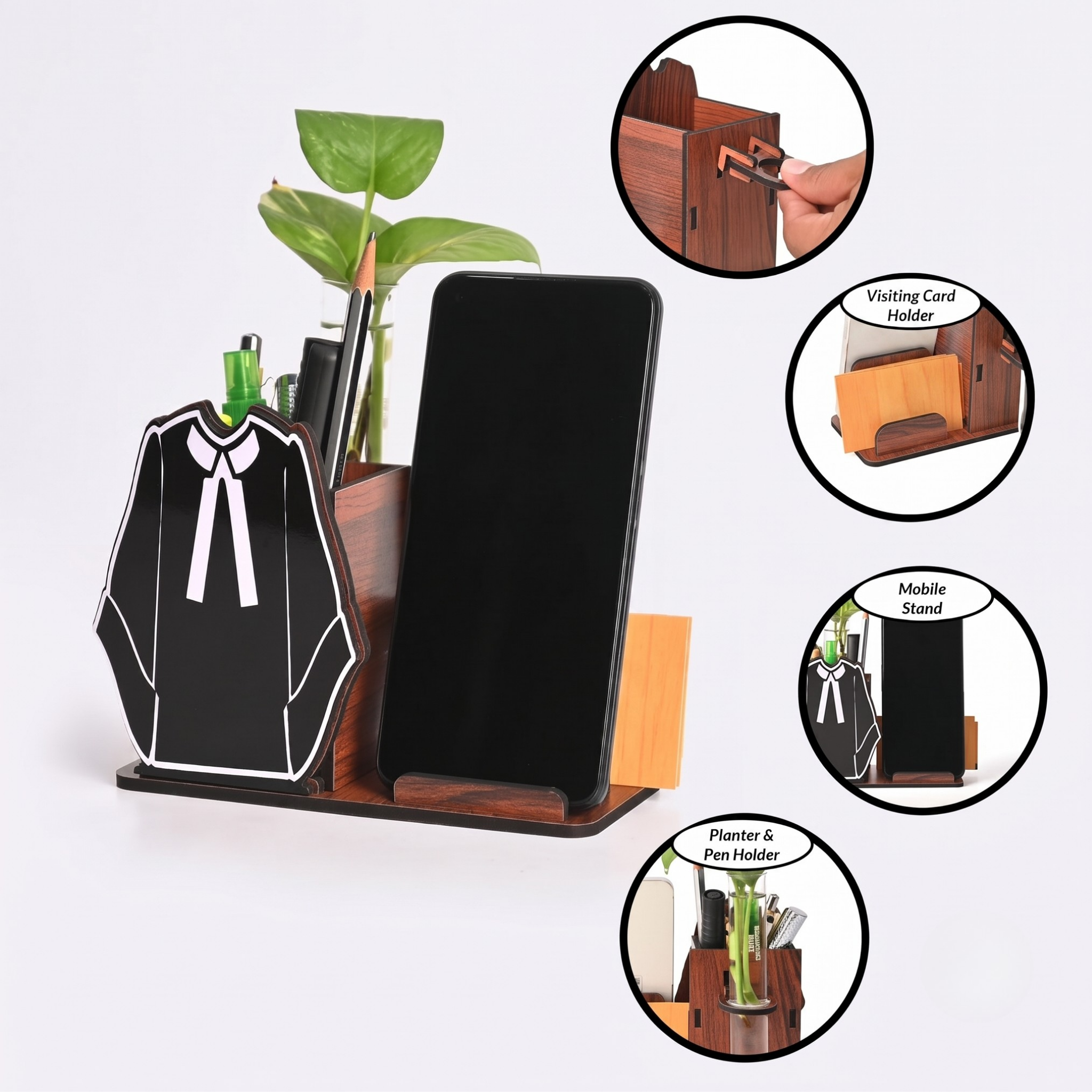 Advocate-Themed Wooden Desk Organizer | Mobile Stand, Pen Holder, Visiting Card Slot & Test Tube Planter | Gift for Lawyers