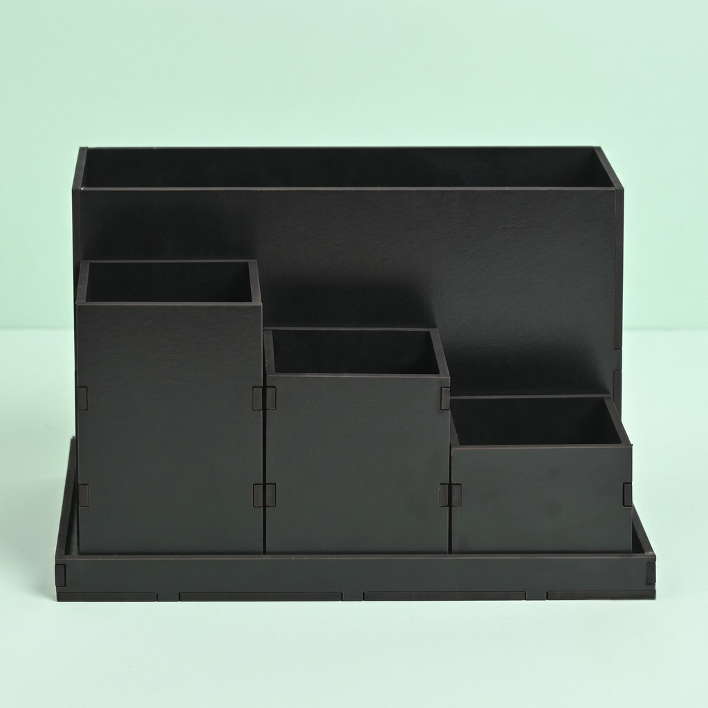 Desk Organizer with Clock stylish table organizer for office desk 4 compartments with proper storage box for all stationary items, unique corporate gifts (Wood)