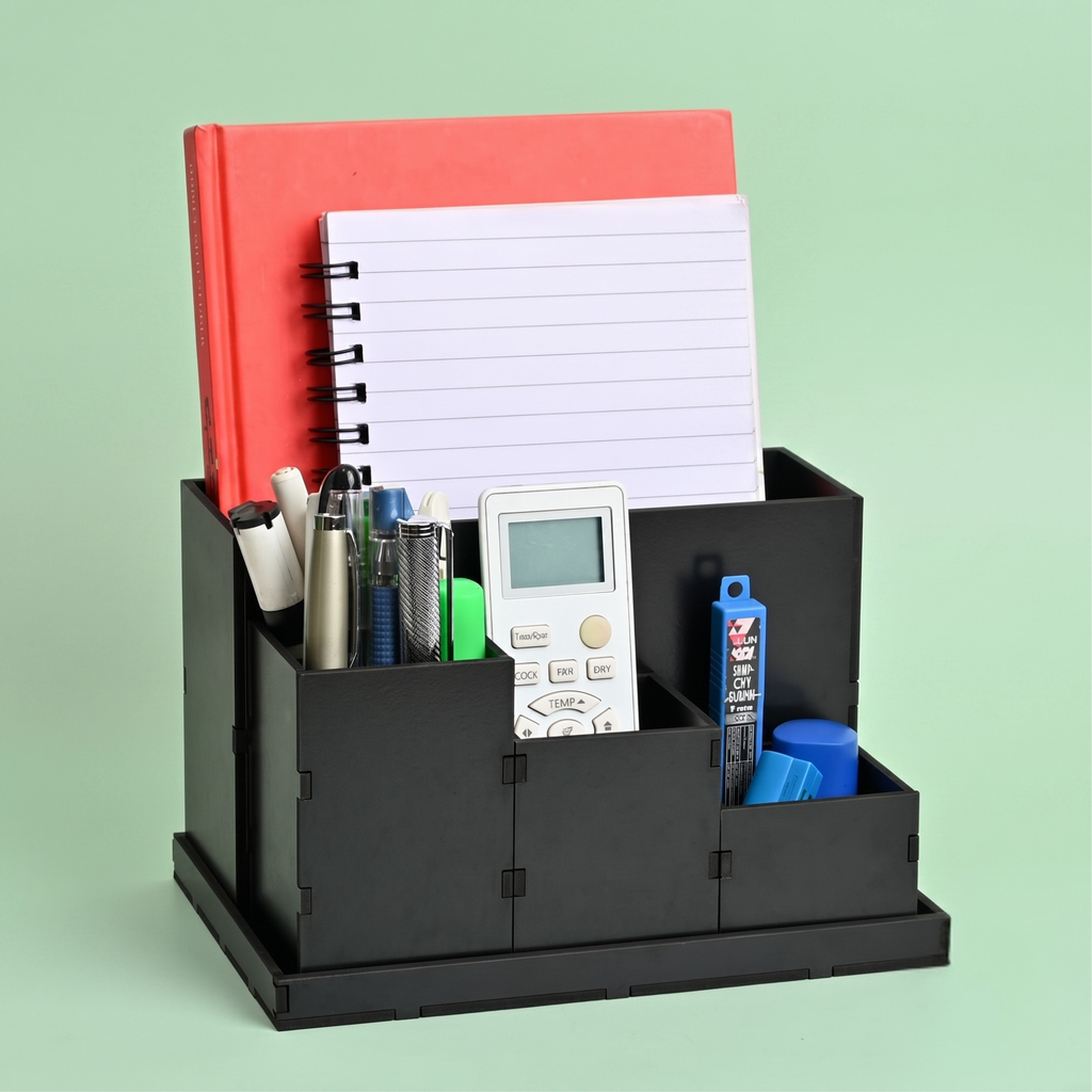 Desk Organizer with Clock stylish table organizer for office desk 4 compartments with proper storage box for all stationary items, unique corporate gifts (Wood)