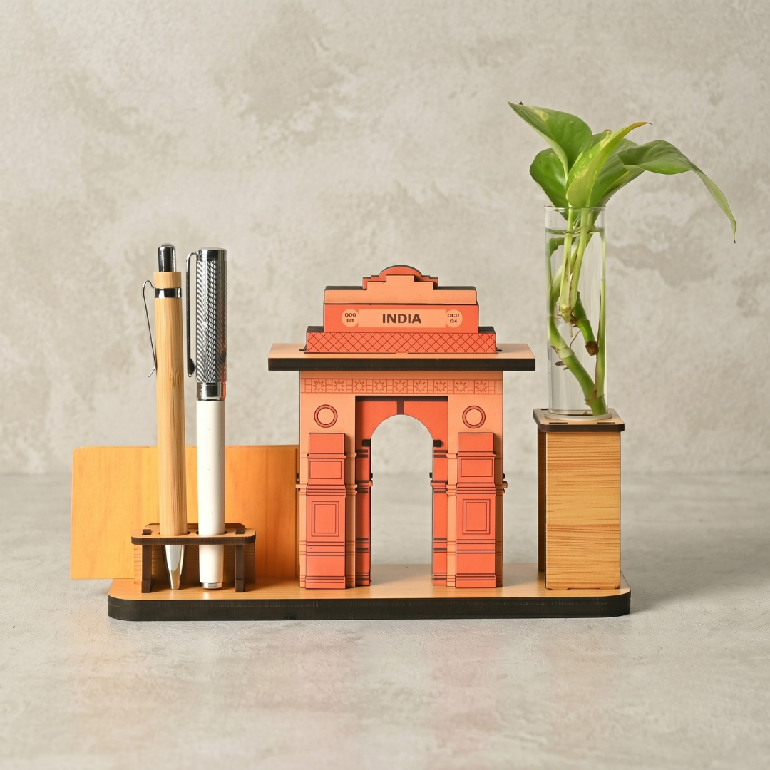India Gate Wooden Desk Organizer with Test Tube Planter, Pen Stand & Visiting Card Holder | Table Top Patriotic Souvenir | Independence Day Gift | Made in India (8x2.5 inch)