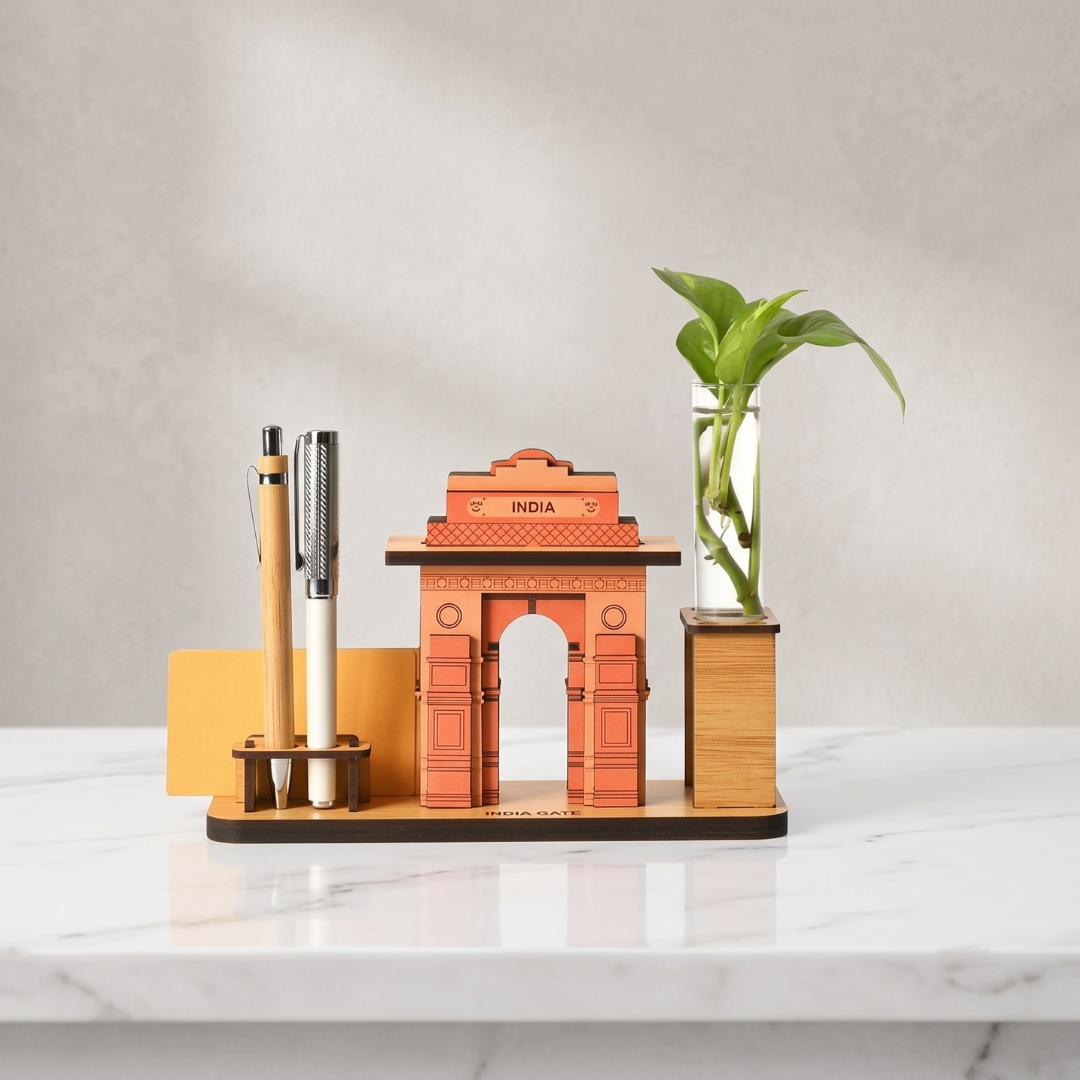 India Gate Wooden Desk Organizer with Test Tube Planter, Pen Stand & Visiting Card Holder | Table Top Patriotic Souvenir | Independence Day Gift | Made in India (8x2.5 inch)