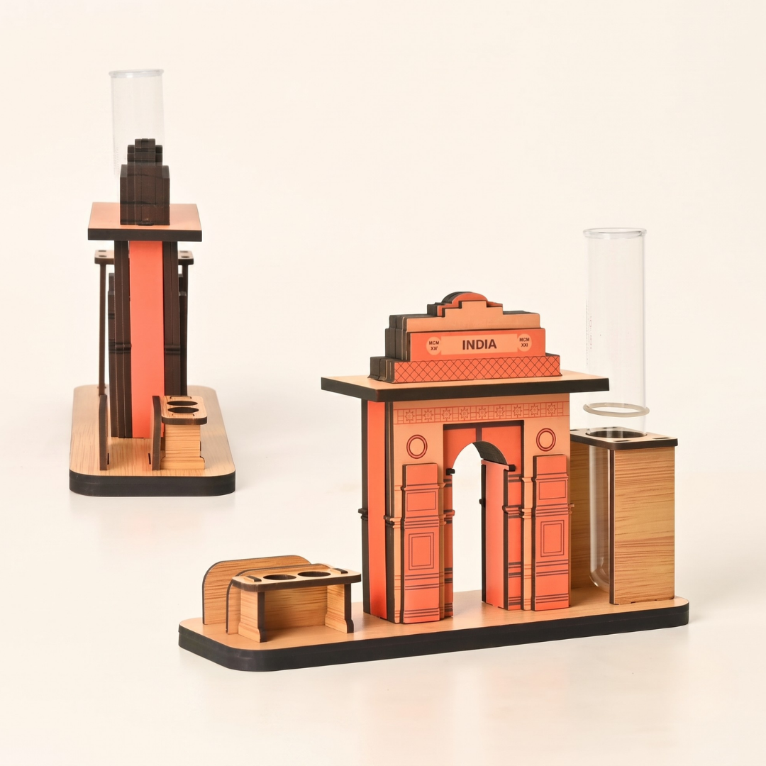 India Gate Wooden Desk Organizer with Test Tube Planter, Pen Stand & Visiting Card Holder | Table Top Patriotic Souvenir | Independence Day Gift | Made in India (8x2.5 inch)