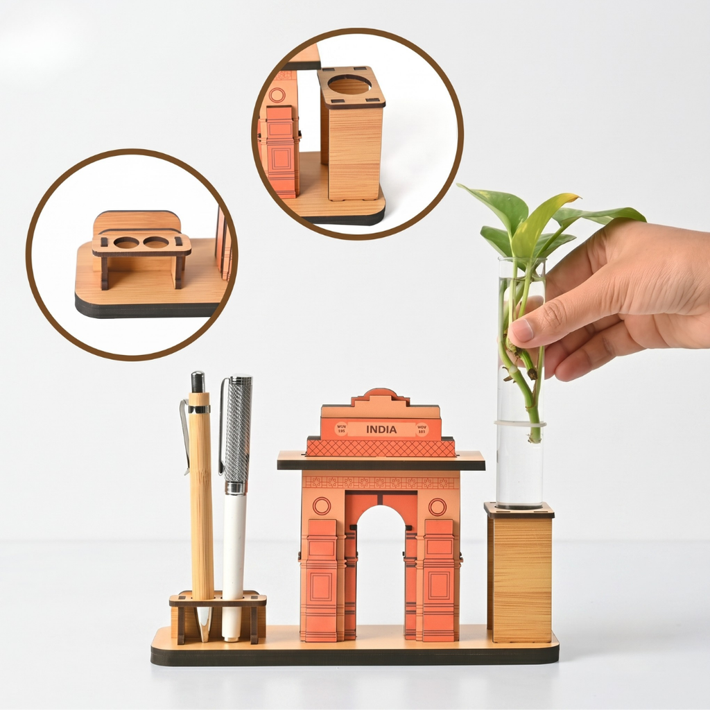 India Gate Wooden Desk Organizer with Test Tube Planter, Pen Stand & Visiting Card Holder | Table Top Patriotic Souvenir | Independence Day Gift | Made in India (8x2.5 inch)