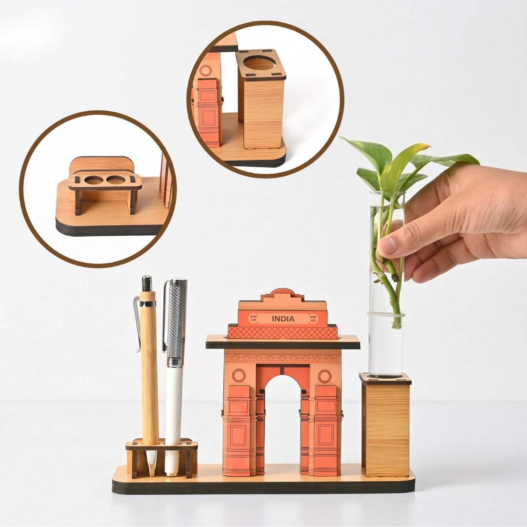 India Gate Wooden Desk Organizer with Test Tube Planter, Pen Stand & Visiting Card Holder | Table Top Patriotic Souvenir | Independence Day Gift | Made in India (8x2.5 inch)