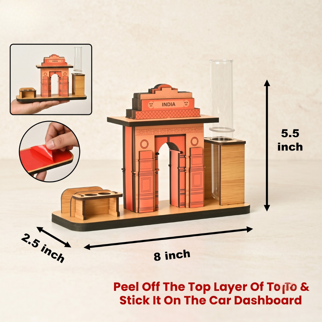 India Gate Wooden Desk Organizer with Test Tube Planter, Pen Stand & Visiting Card Holder | Table Top Patriotic Souvenir | Independence Day Gift | Made in India (8x2.5 inch)