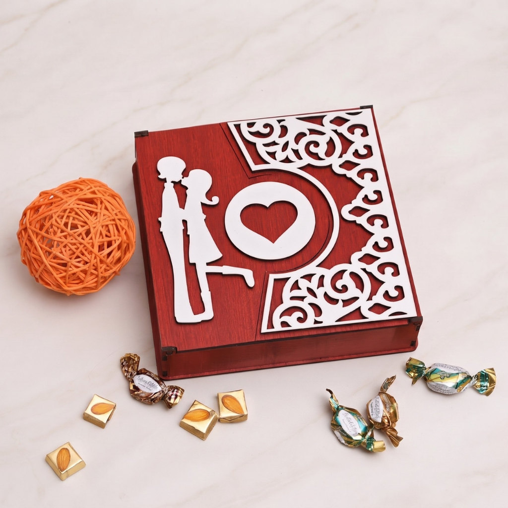 wooden box for gift hamper empty box for gift packaging designer decorative box square shape love theme best for chocolates dry fruits (red and white, 8 x 8 x 2 inches)