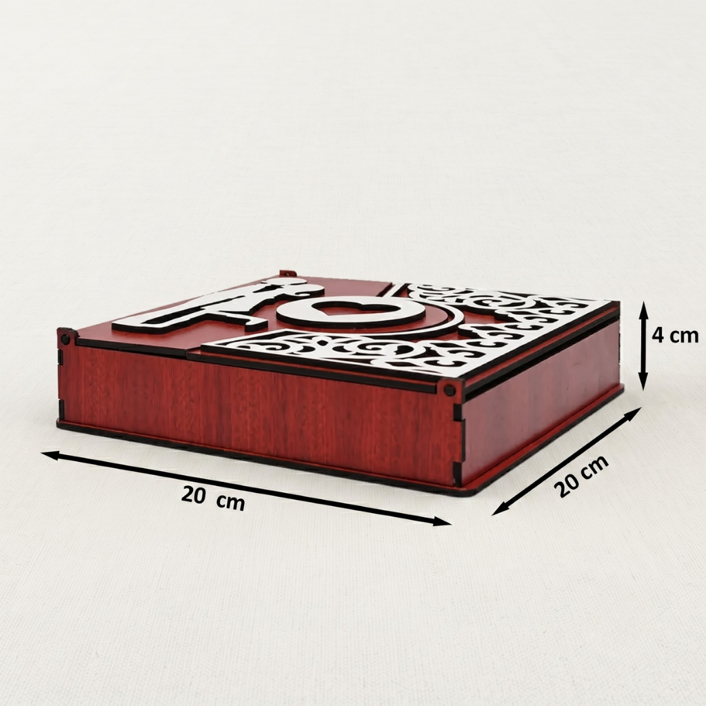 wooden box for gift hamper empty box for gift packaging designer decorative box square shape love theme best for chocolates dry fruits (red and white, 8 x 8 x 2 inches)