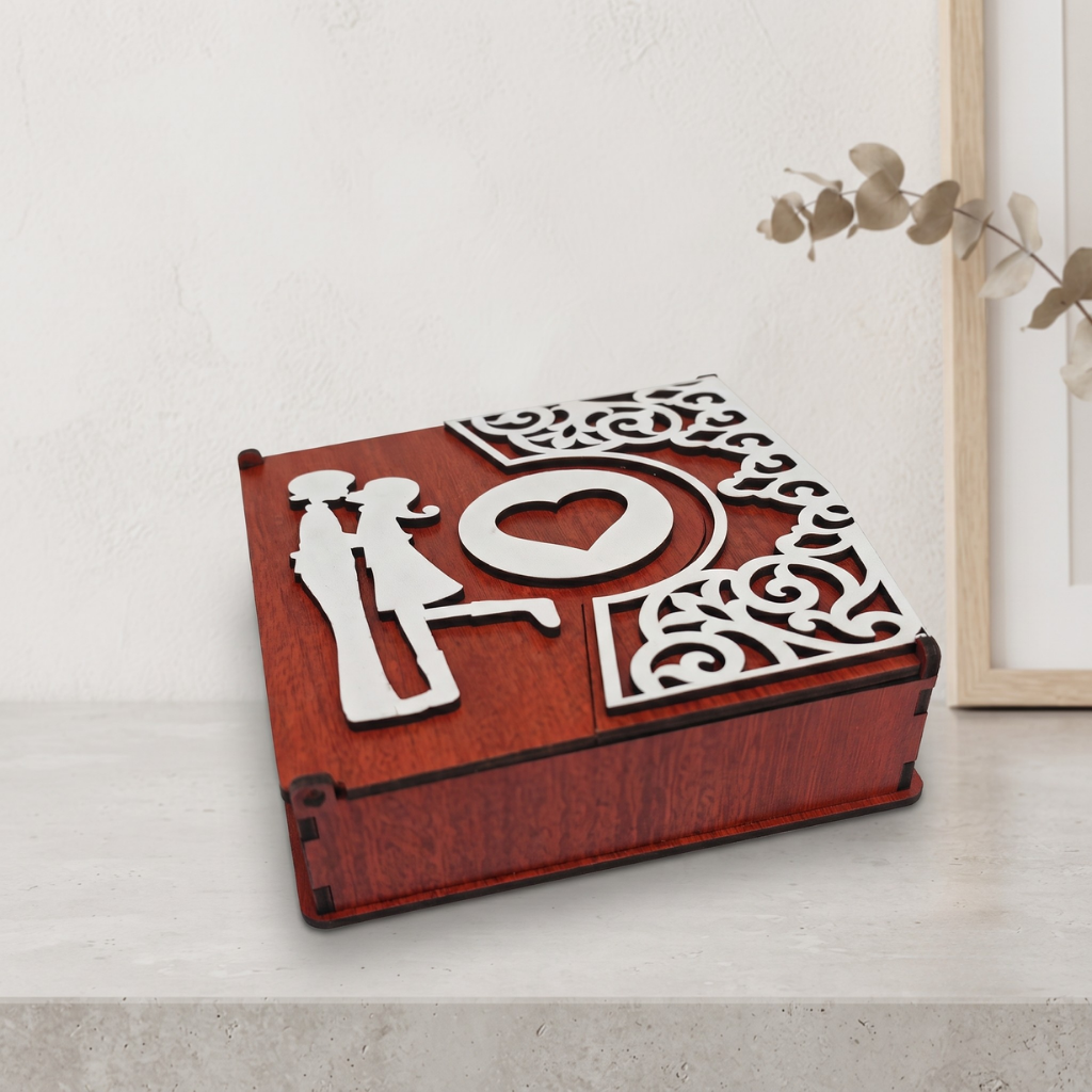 wooden box for gift hamper empty box for gift packaging designer decorative box square shape love theme best for chocolates dry fruits (red and white, 8 x 8 x 2 inches)