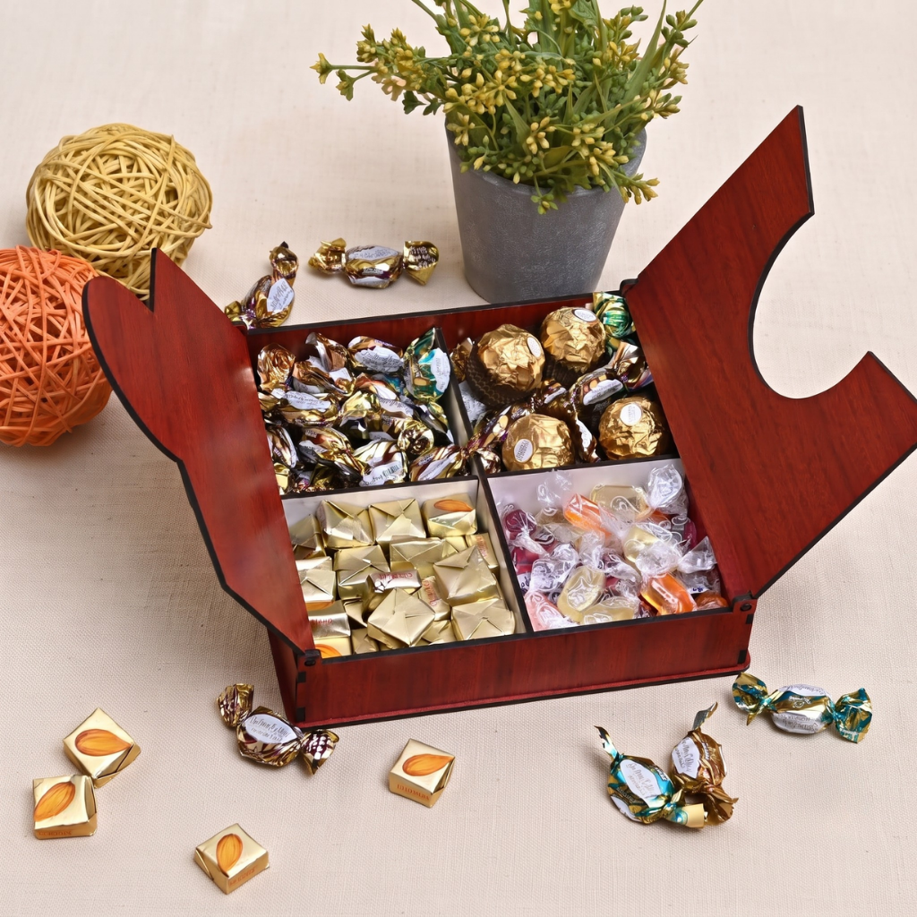 wooden box for gift hamper empty box for gift packaging designer decorative box square shape love theme best for chocolates dry fruits (red and white, 8 x 8 x 2 inches)