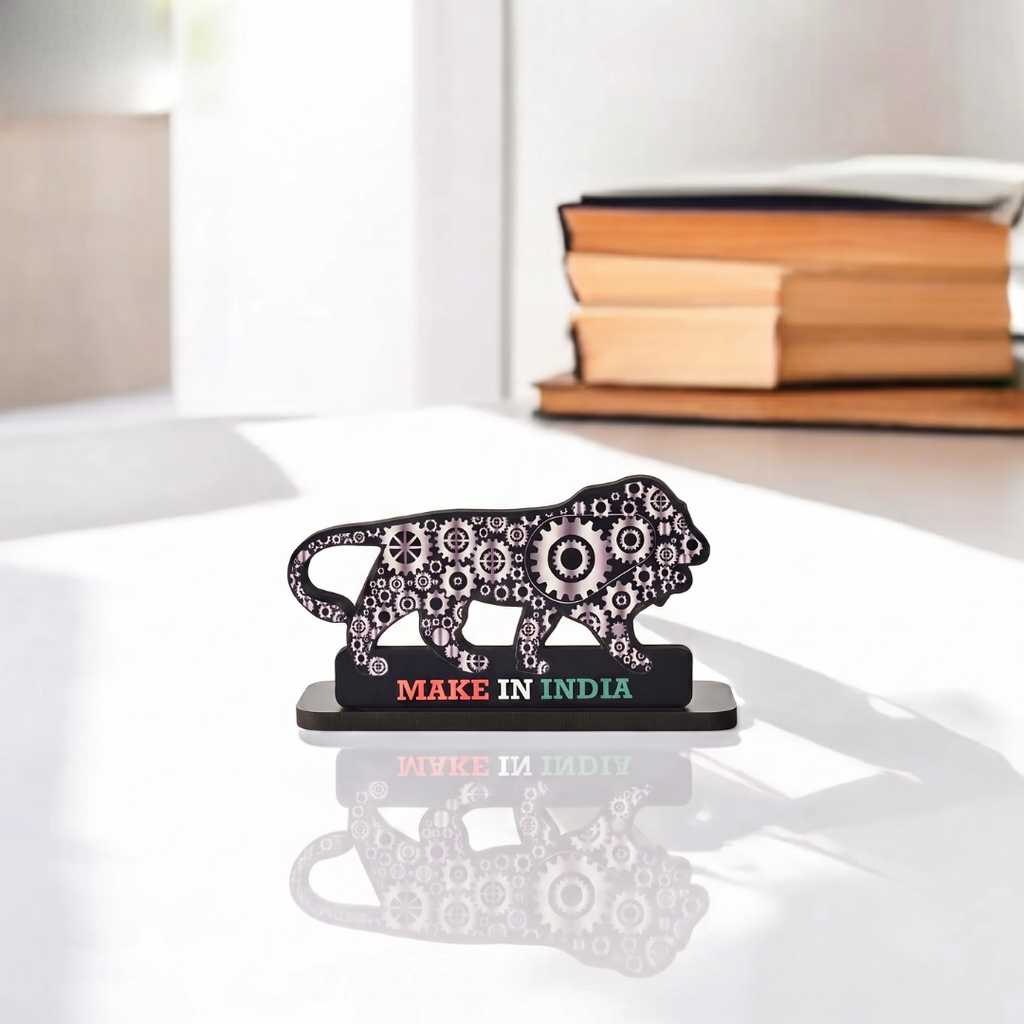 Wooden Make In India Themed Visiting card, Business Card, Name Card Holder, Desk Organizer for office Table, Decorative Lion Visiting Card Holder, Gear Pattern Design