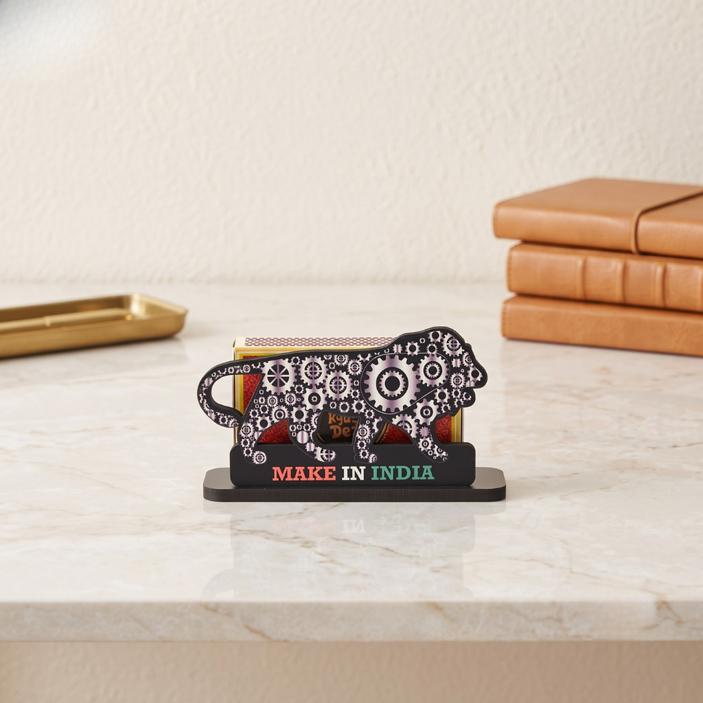 Wooden Make In India Themed Visiting card, Business Card, Name Card Holder, Desk Organizer for office Table, Decorative Lion Visiting Card Holder, Gear Pattern Design