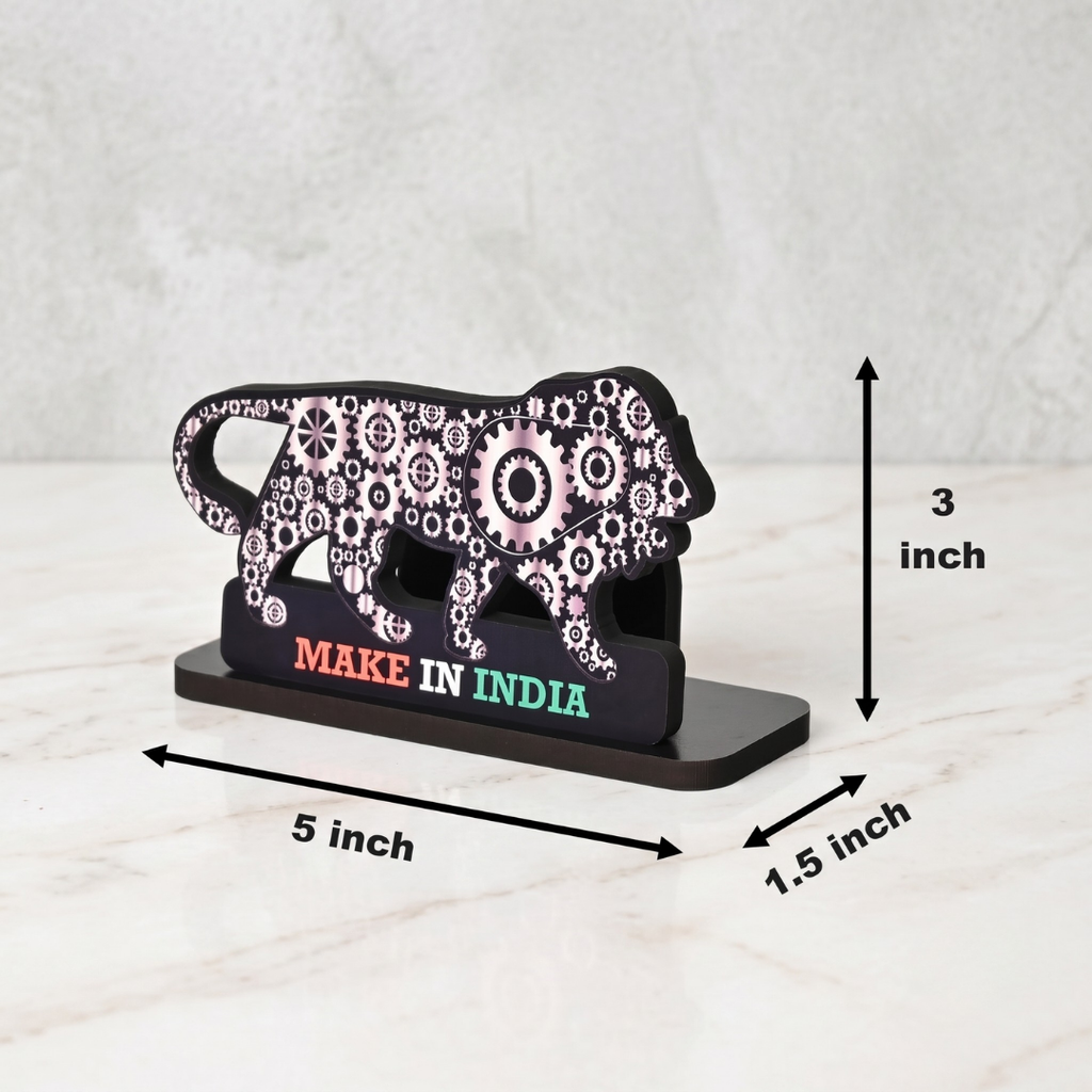 Wooden Make In India Themed Visiting card, Business Card, Name Card Holder, Desk Organizer for office Table, Decorative Lion Visiting Card Holder, Gear Pattern Design