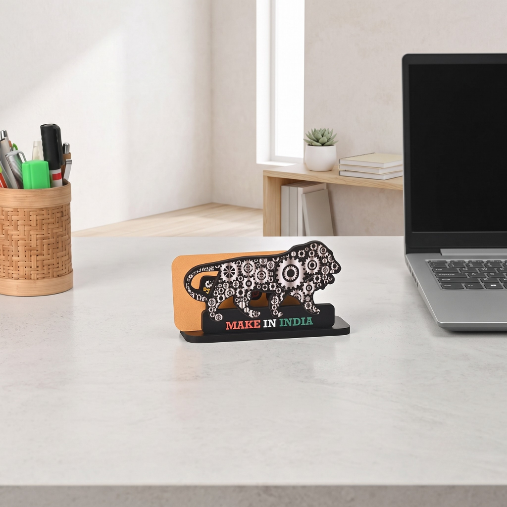 Wooden Make In India Themed Visiting card, Business Card, Name Card Holder, Desk Organizer for office Table, Decorative Lion Visiting Card Holder, Gear Pattern Design