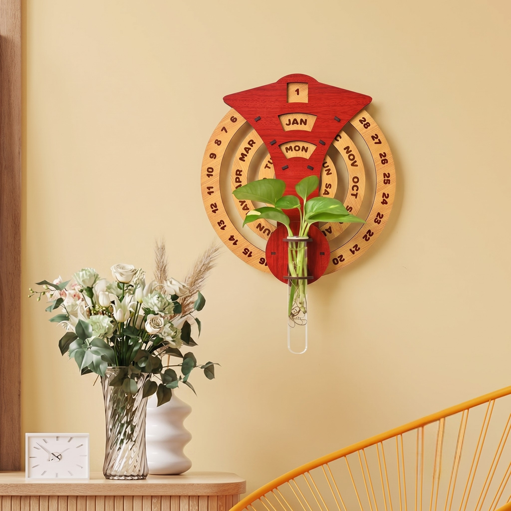 Calendar 2026 Wall Hanging Perpetual Calendar with Planter Wooden Circular Round Shape Calendar for Infinite Lifetime Best for Wall Decor and New Year Gifts (Dark Wood)
