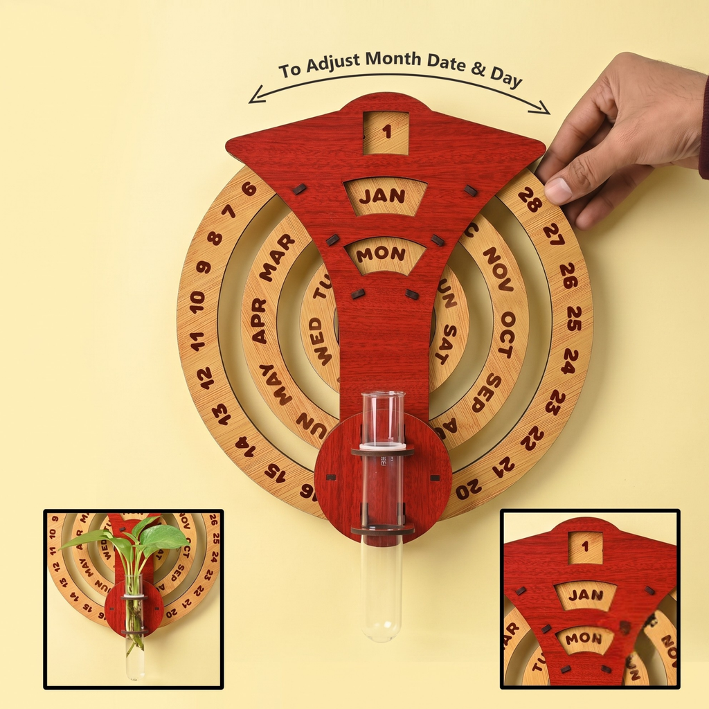 Calendar 2026 Wall Hanging Perpetual Calendar with Planter Wooden Circular Round Shape Calendar for Infinite Lifetime Best for Wall Decor and New Year Gifts (Dark Wood)