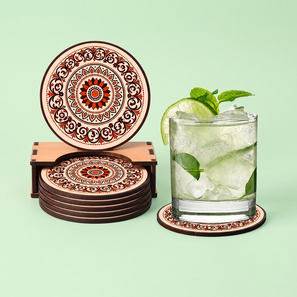 Coaster Set of 6 Mandala Art Wooden Coasters with Proper Coaster Stand Coaster Set fit for Tea Cups, Coffee Mugs and Glasses (3.5 X 3.5 Inch) (Colorful Ecofriendly)