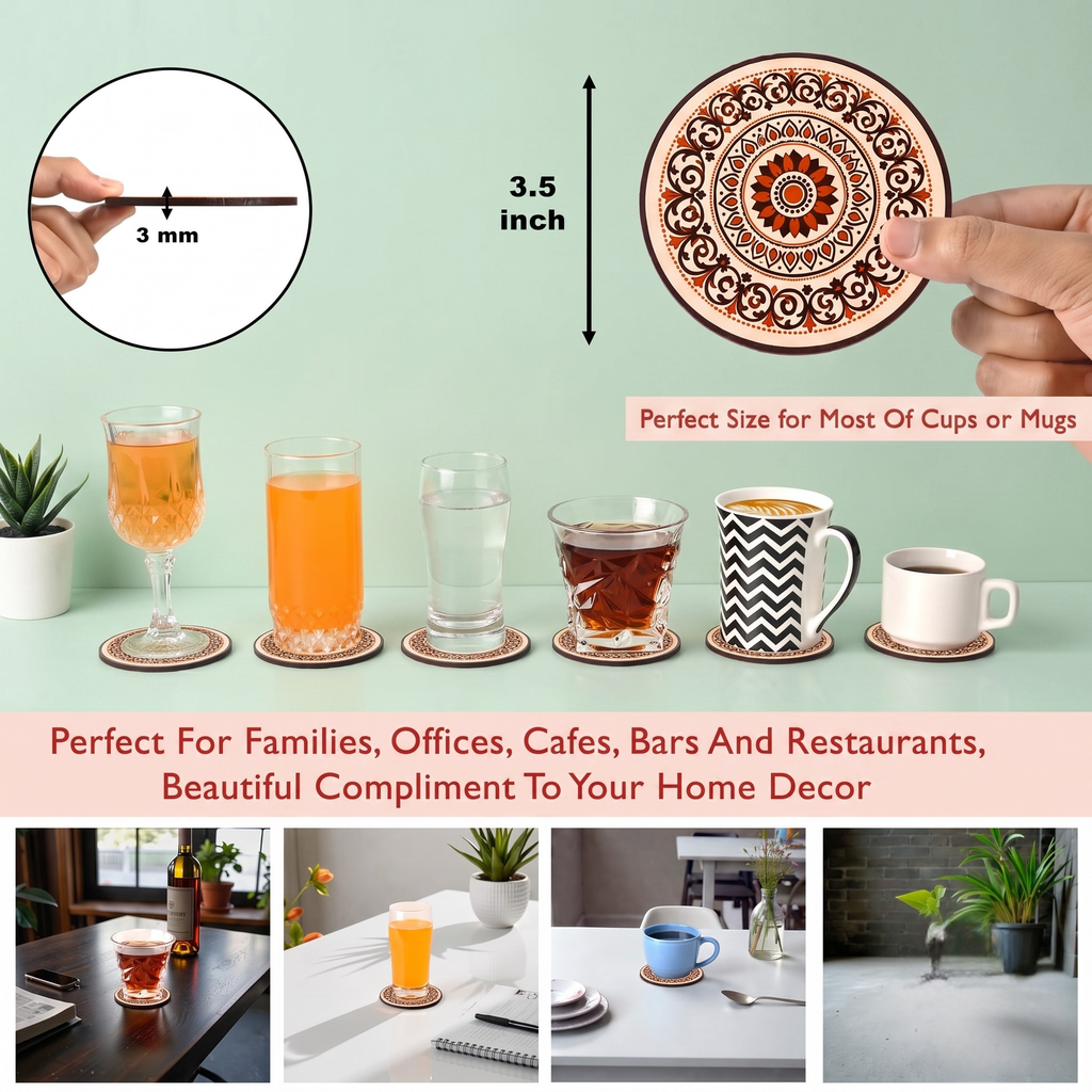 Coaster Set of 6 Mandala Art Wooden Coasters with Proper Coaster Stand Coaster Set fit for Tea Cups, Coffee Mugs and Glasses (3.5 X 3.5 Inch) (Colorful Ecofriendly)